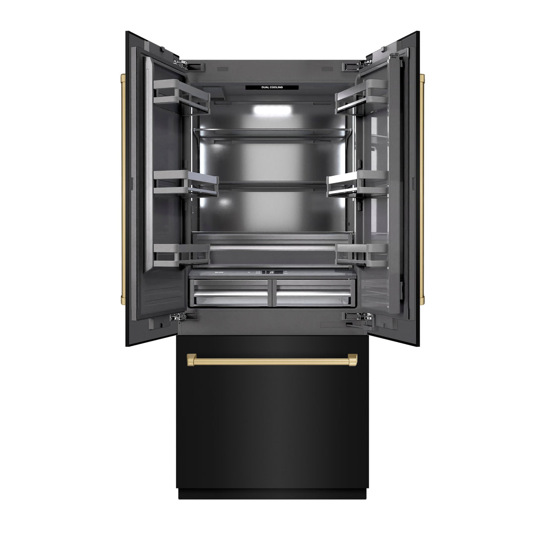 ZLINE 36 in. Built-In French Door Bottom Freezer Refrigerator 19.6 cu. ft. Water Dispenser Ice Maker Black Stainless Steel Graphite Gray Interior Champagne Bronze Accents (GRBIVZ-BS-36-CB)