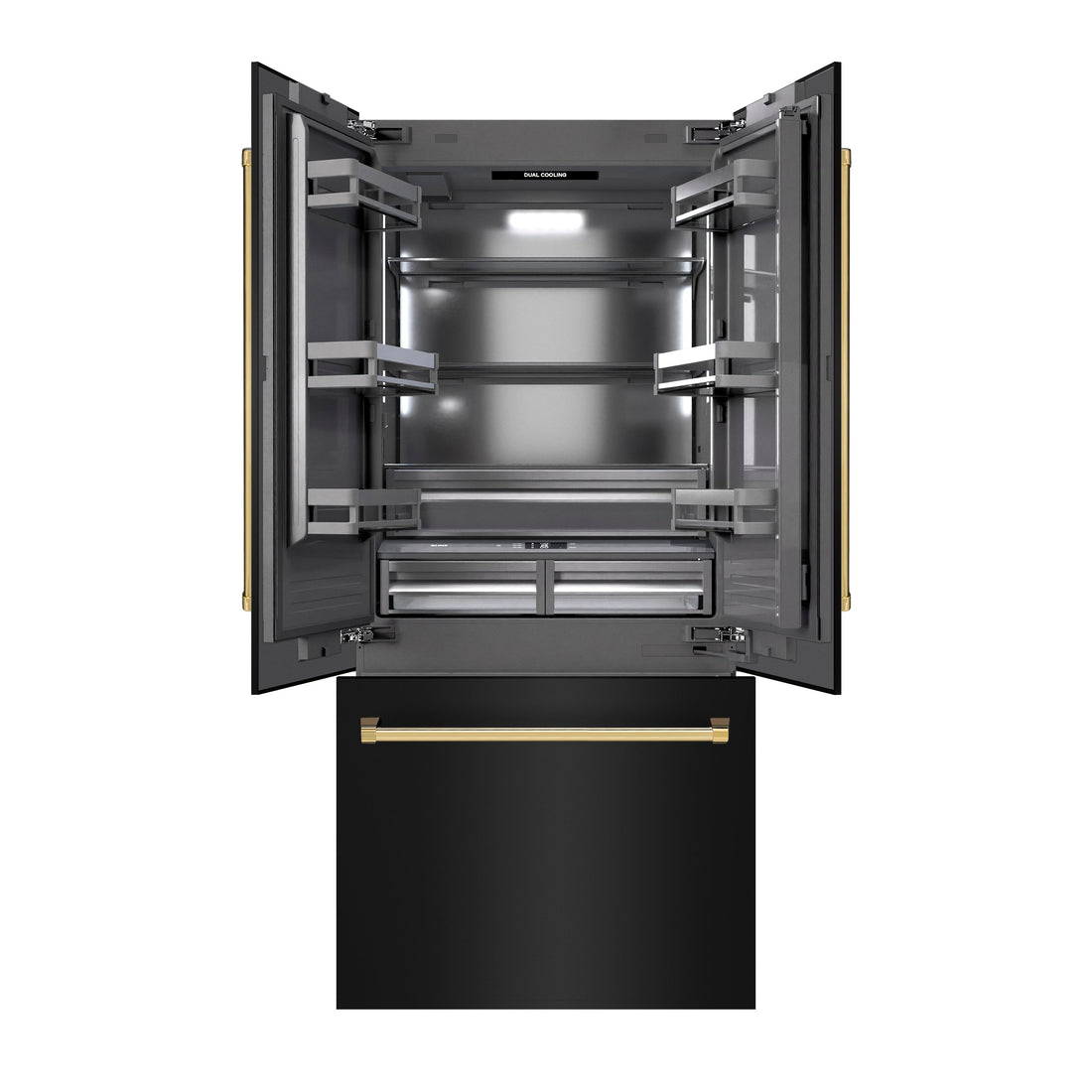 ZLINE 36 in. French Door Built-In Bottom Freezer Refrigerator, 19.6 Cu. Ft., Water Dispenser, Ice Maker, Black Stainless Steel, Polished Gold Accents (GRBIVZ-BS-36-G)