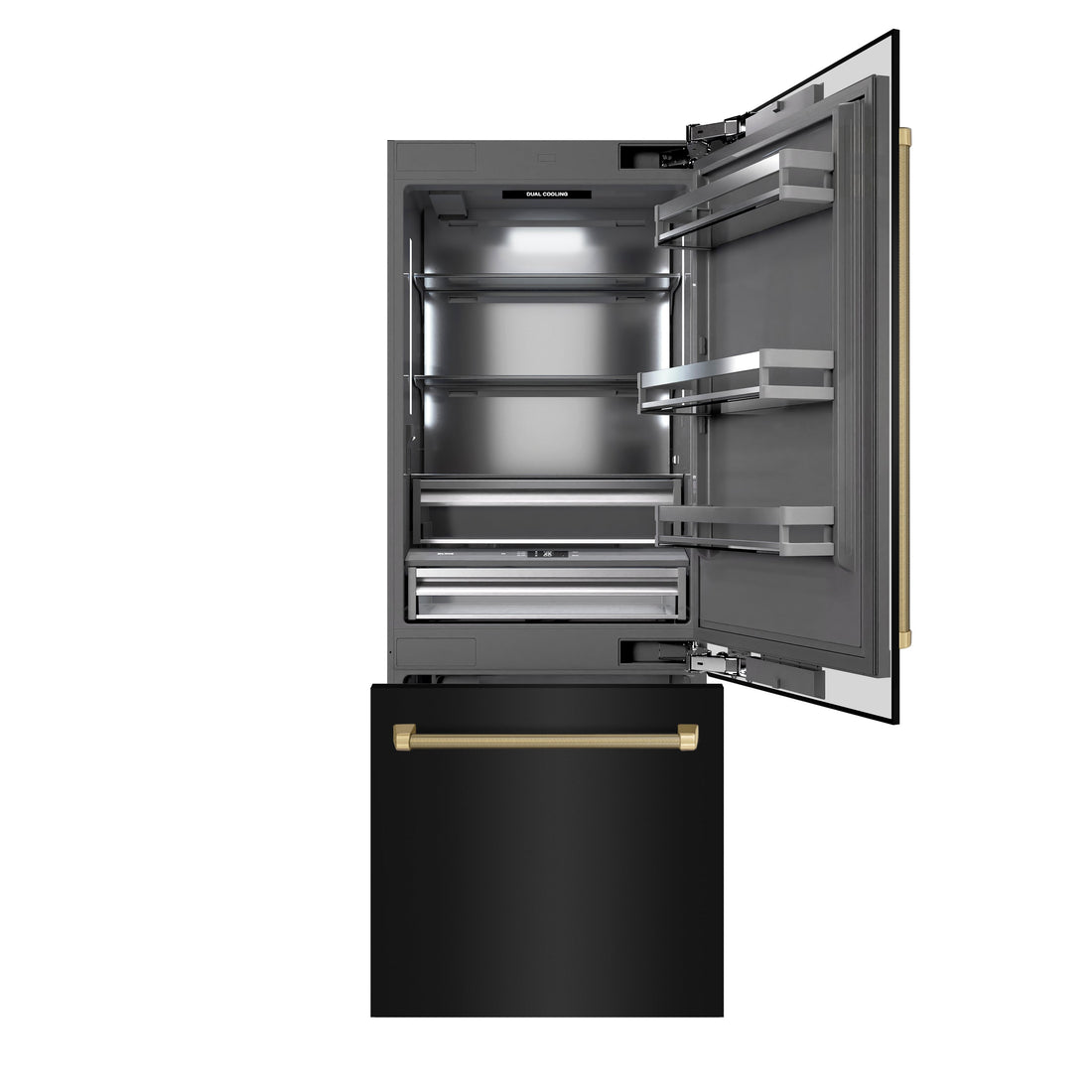 ZLINE 30 in. Built-In Bottom Freezer Refrigerator, 16.1 cu. ft., Water Dispenser, Ice Maker, Black Stainless Steel, Graphite Gray Interior, Champagne Bronze Helix Handles (GRBIVZ-BS30KCB)