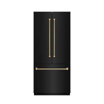 ZLINE 36 in. Built-In French Door Refrigerator 19.6 Cu. Ft. Water Dispenser Ice Maker Black Stainless Steel Graphite Gray Interior Champagne Bronze Helix Handles (GRBIVZ-BS36KCB)