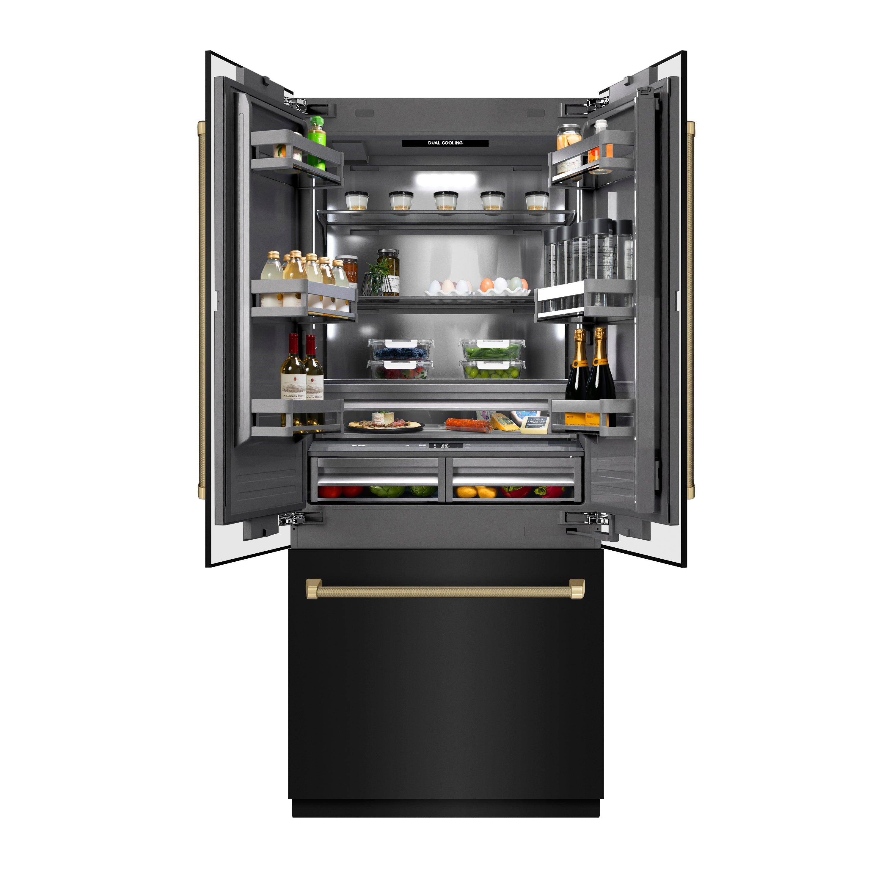 ZLINE 36 in. Built-In French Door Refrigerator 19.6 Cu. Ft. Water Dispenser Ice Maker Black Stainless Steel Graphite Gray Interior Champagne Bronze Helix Handles (GRBIVZ-BS36KCB)