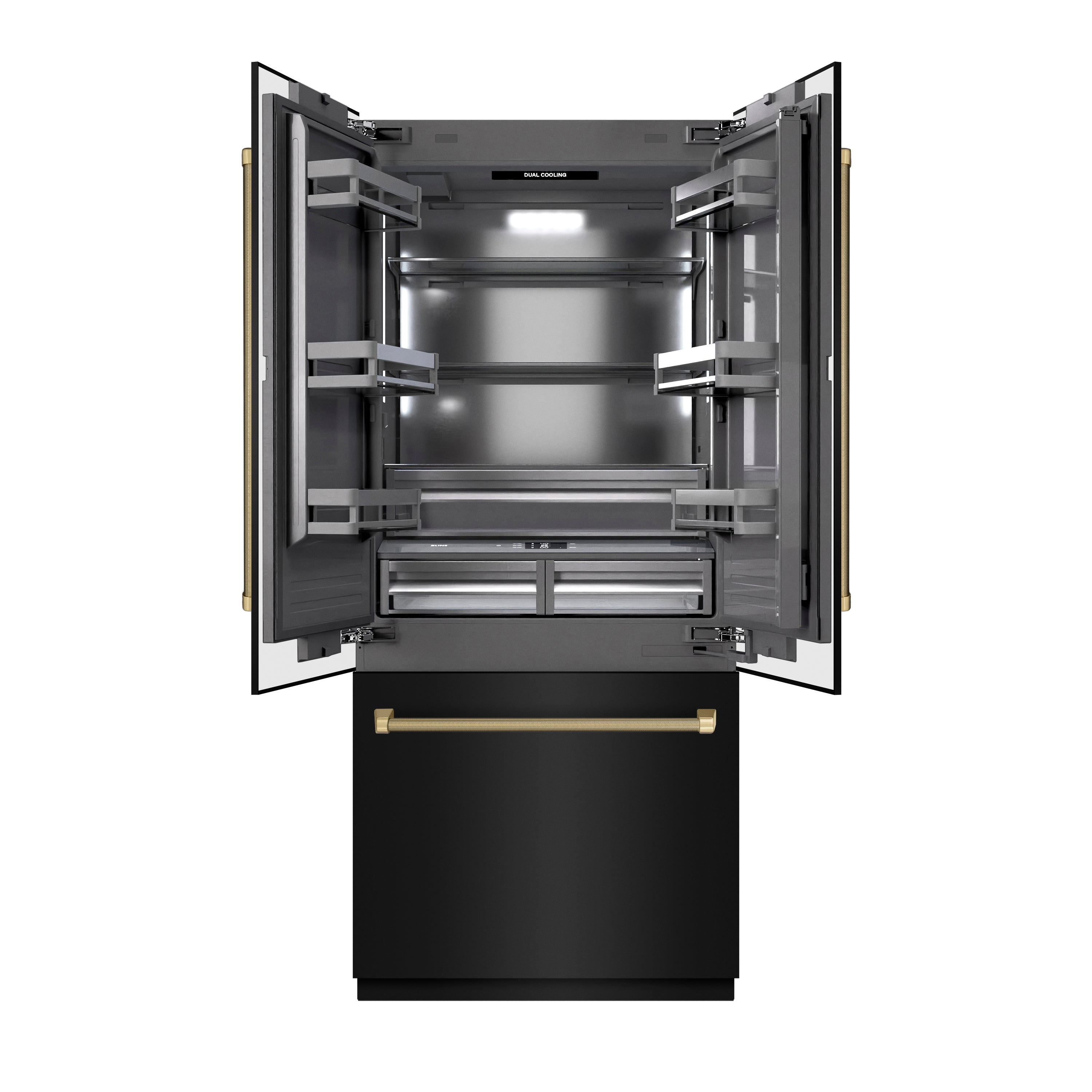 ZLINE 36 in. Built-In French Door Refrigerator 19.6 Cu. Ft. Water Dispenser Ice Maker Black Stainless Steel Graphite Gray Interior Champagne Bronze Helix Handles (GRBIVZ-BS36KCB)