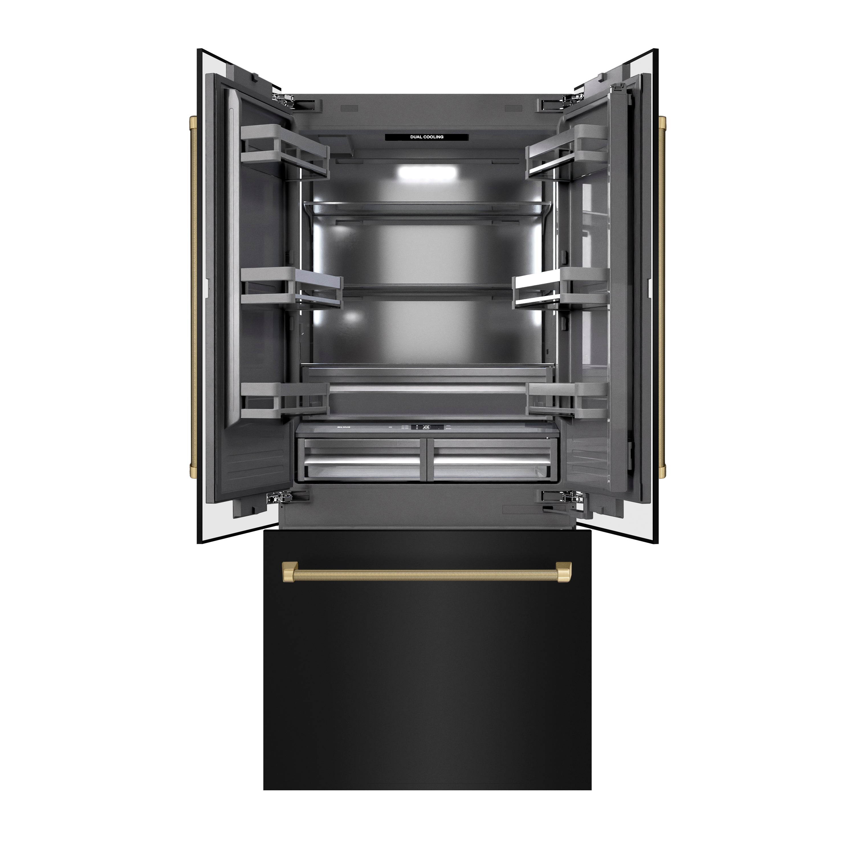 ZLINE 36 in. Built-In French Door Refrigerator 19.6 Cu. Ft. Water Dispenser Ice Maker Black Stainless Steel Graphite Gray Interior Champagne Bronze Helix Handles (GRBIVZ-BS36KCB)