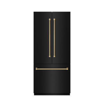 ZLINE 36 in. French Door Built-In Bottom Freezer Refrigerator 19.6 Cu. Ft. Water Dispenser Ice Maker Black Stainless Steel Graphite Gray Interior Polished Gold Helix Handles (GRBIVZ-BS36KG)