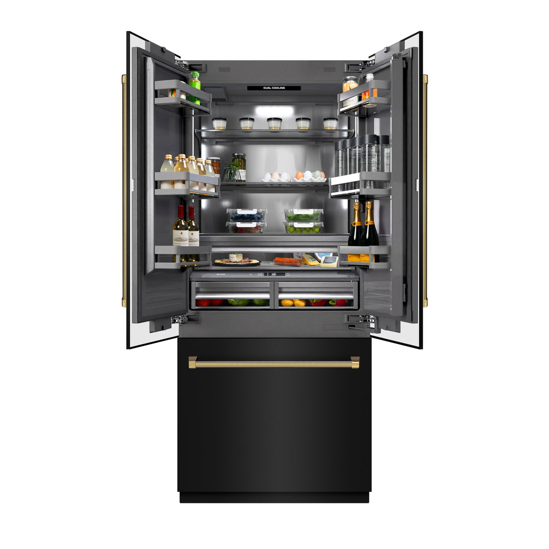 ZLINE 36 in. French Door Built-In Bottom Freezer Refrigerator 19.6 Cu. Ft. Water Dispenser Ice Maker Black Stainless Steel Graphite Gray Interior Polished Gold Helix Handles (GRBIVZ-BS36KG)