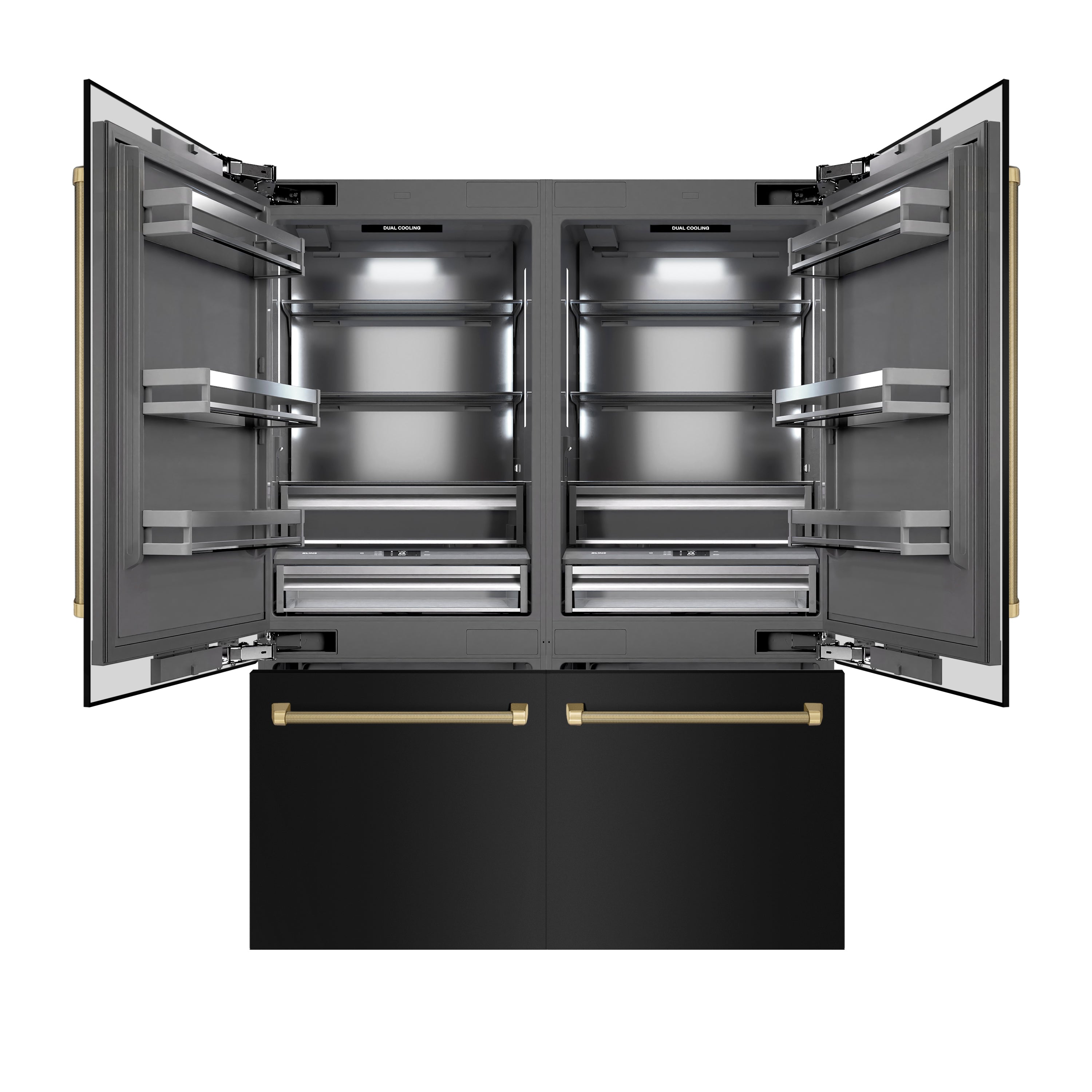 ZLINE 60 in. French Door Built-In Bottom Freezer Refrigerator 32.2 Cu. Ft. Water Dispenser Ice Maker Black Stainless Steel Champagne Bronze Handles (GRBIVZ-BS60KCB)