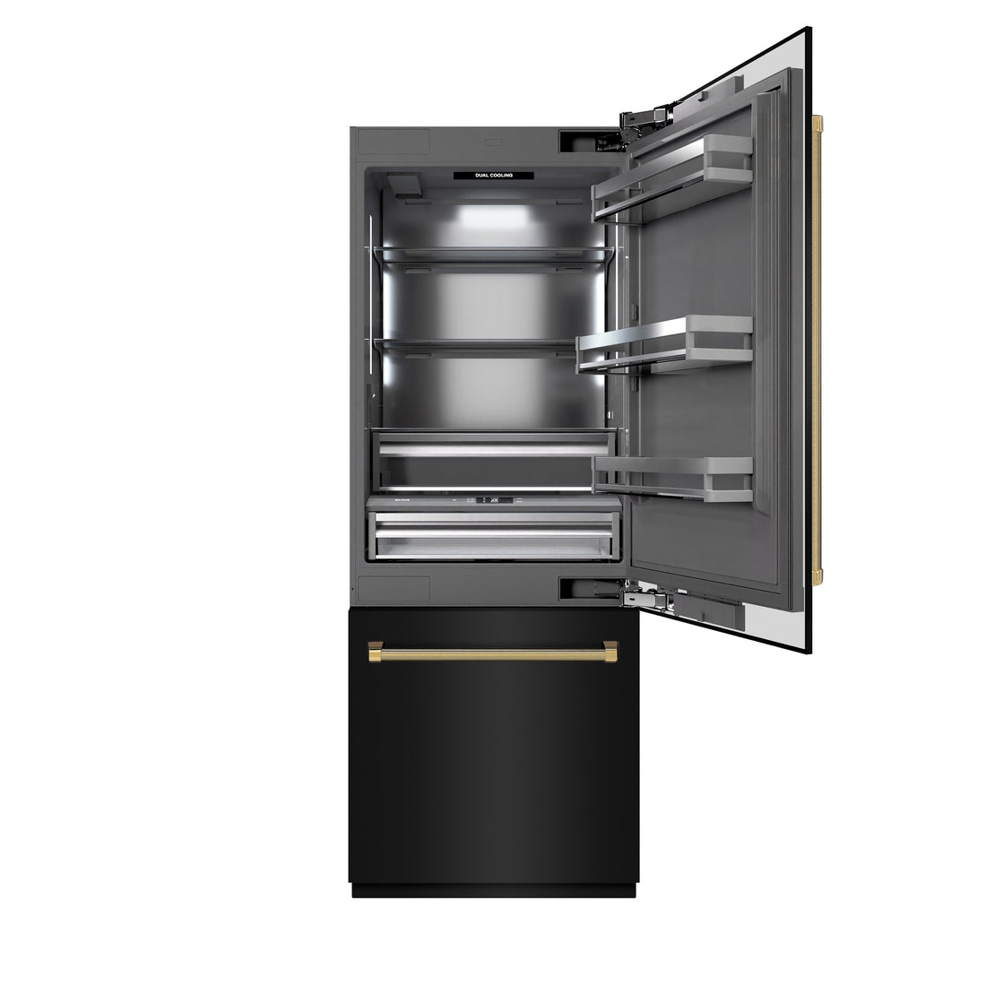 ZLINE 30 in. Built-In Bottom Freezer Refrigerator 16.1 cu. ft. Water Dispenser, Ice Maker, Black Stainless Steel, Graphite Gray Interior, Polished Gold Helix Handles (GRBIVZ-BS30KG)