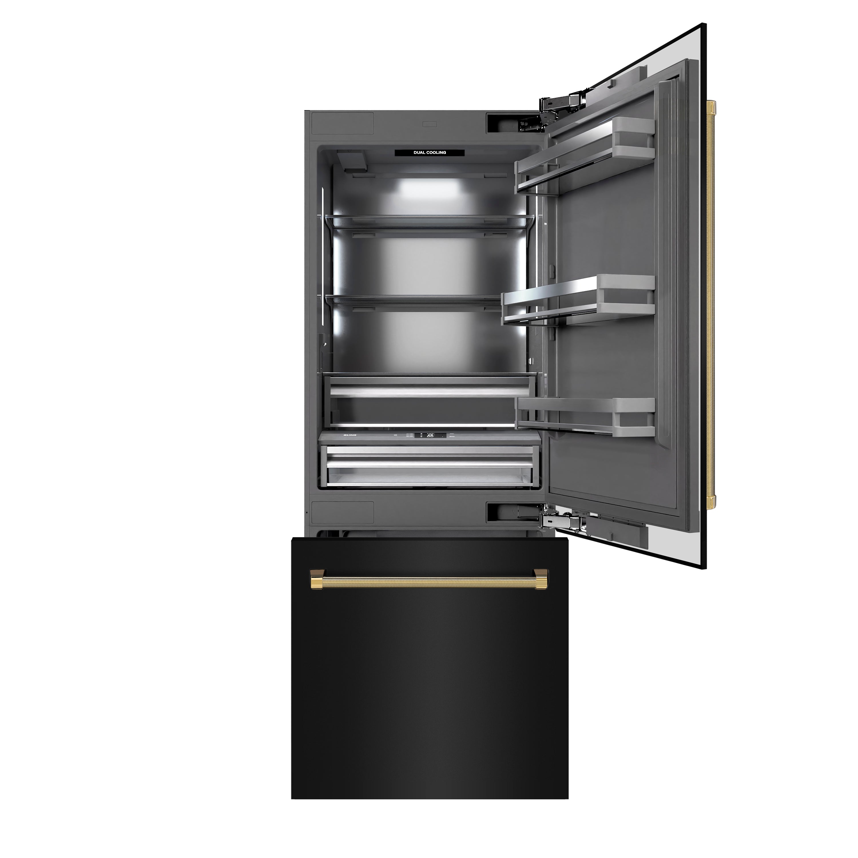 ZLINE 30 in. Built-In Bottom Freezer Refrigerator 16.1 cu. ft. Water Dispenser, Ice Maker, Black Stainless Steel, Graphite Gray Interior, Polished Gold Helix Handles (GRBIVZ-BS30KG)