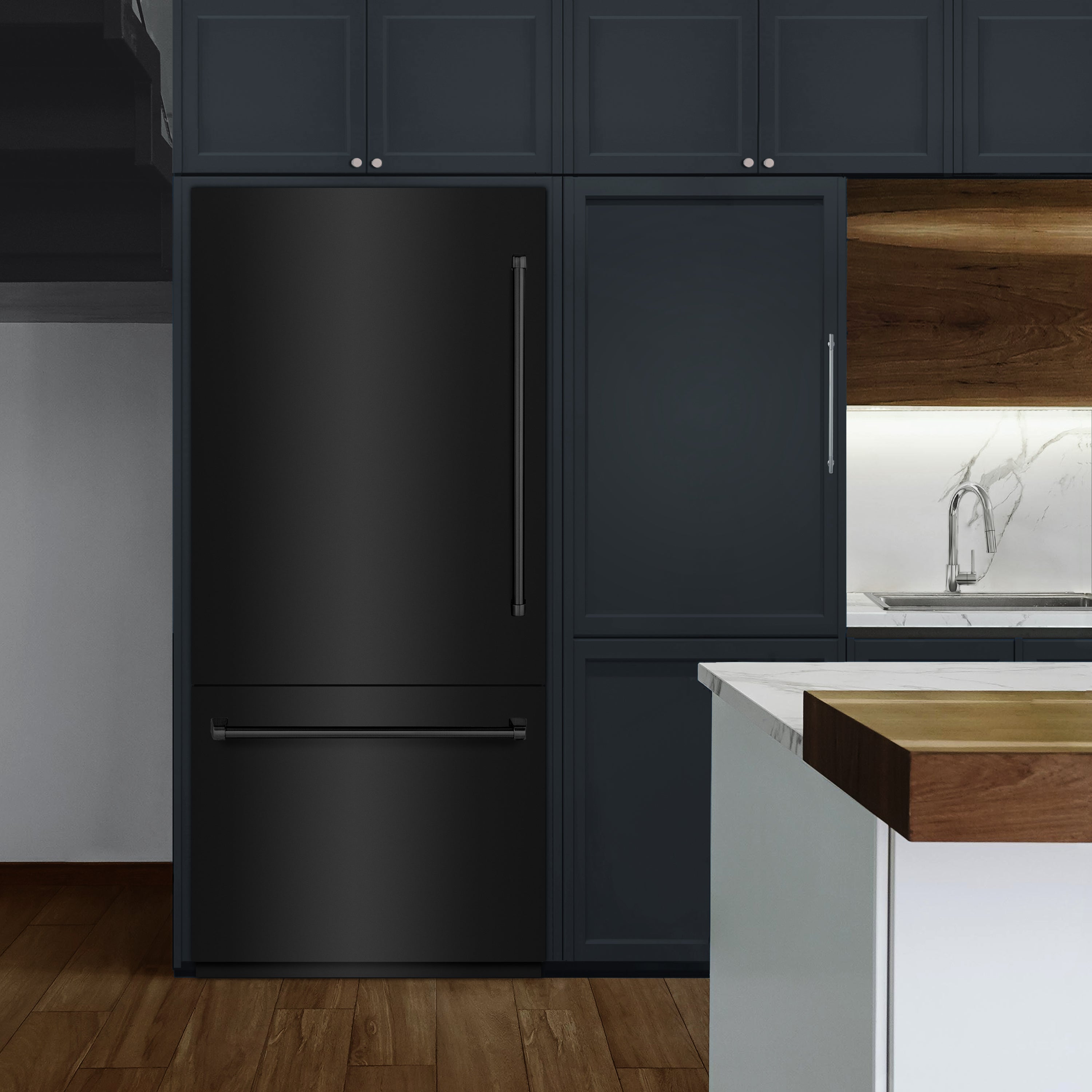 ZLINE 36 in Built-In Bottom Freezer Refrigerator 19.8 cu. ft. Water Dispenser Ice Maker Black Stainless Steel (RBIT-BS-36)