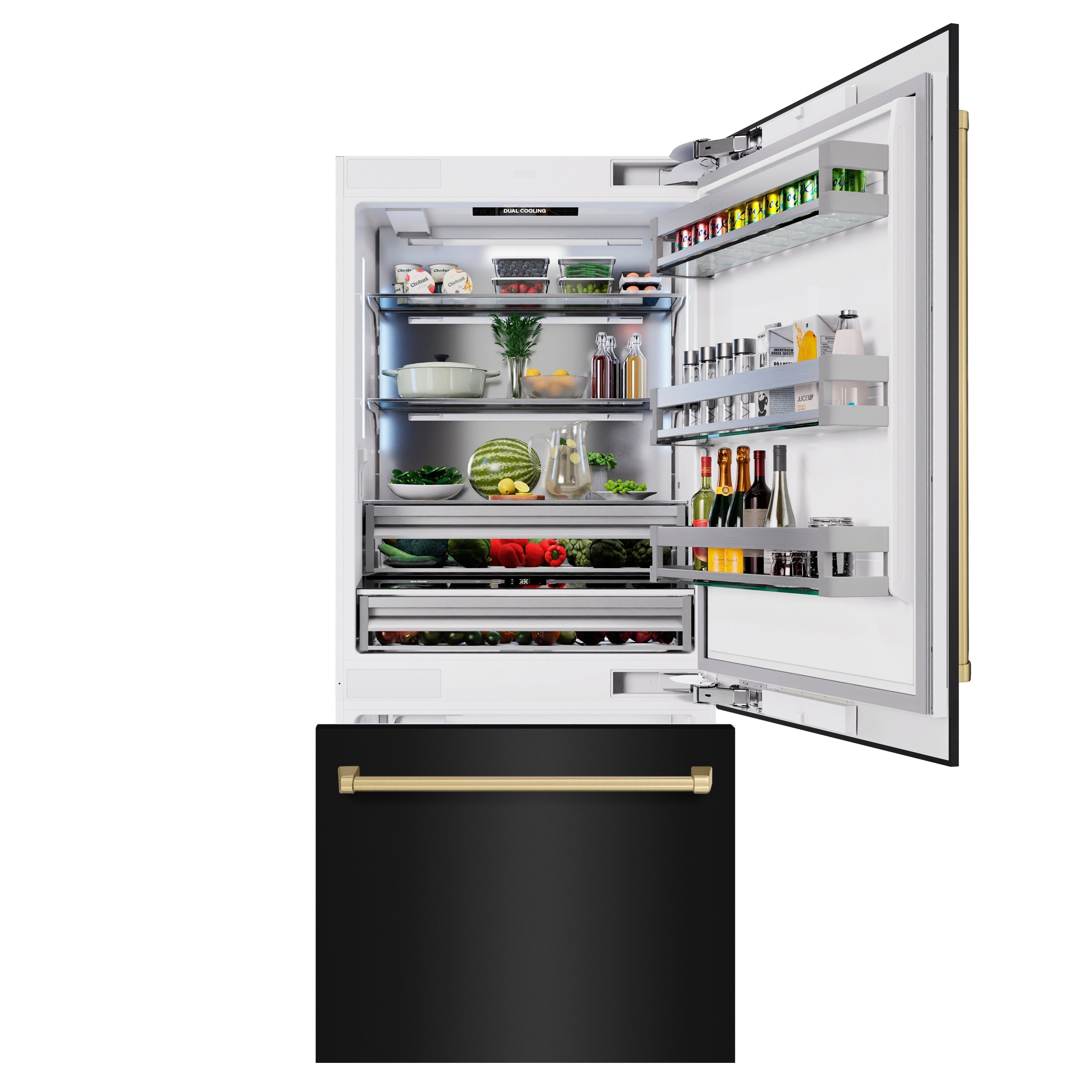 ZLINE 36 in. Built-In Bottom Freezer Refrigerator 19.8 cu. ft. Water Dispenser Ice Maker Champagne Bronze Accents Black Stainless Steel (RBITZ-BS-36-CB)