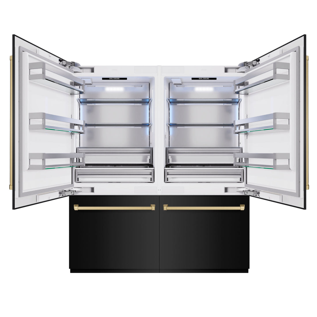 ZLINE 72 in. French Door Built-In Bottom Freezer Refrigerator 39.6 cu. ft. Water Dispensers Ice Makers Black Stainless Steel Champagne Bronze Accents (RBITZ-BS-72-CB)