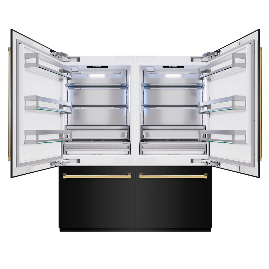 ZLINE 72 in. French Door Built-In Bottom Freezer Refrigerator 39.6 Cu. Ft. Water Dispensers Ice Makers Black Stainless Steel Polished Gold Accents (RBITZ-BS-72-G)