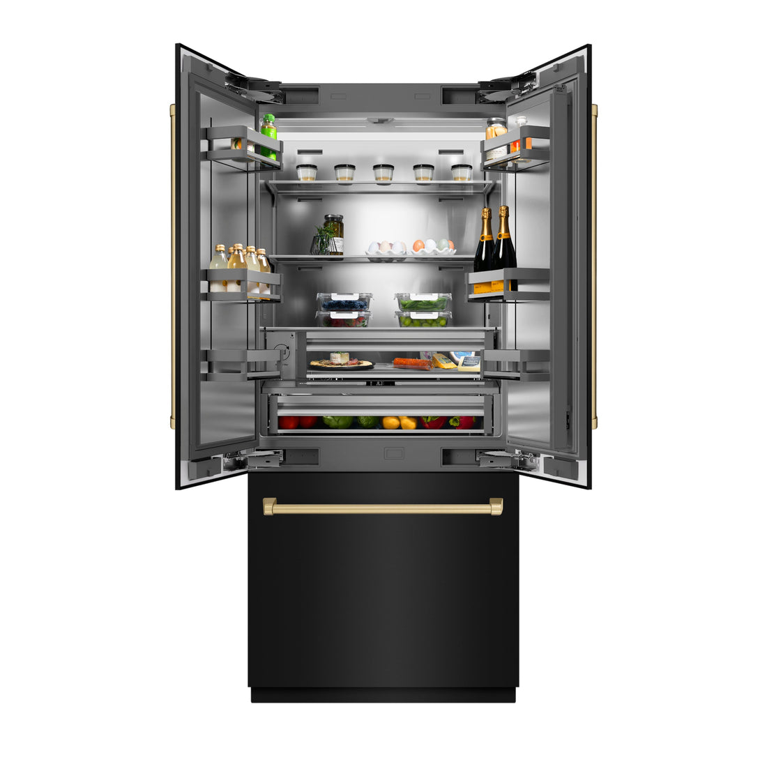 ZLINE 36 in. French Door Built-In Bottom Freezer Refrigerator 19.6 Cu. Ft. Water Dispenser Ice Maker Black Stainless Steel Champagne Bronze Accents (SRBIVZ-BS-36-CB)
