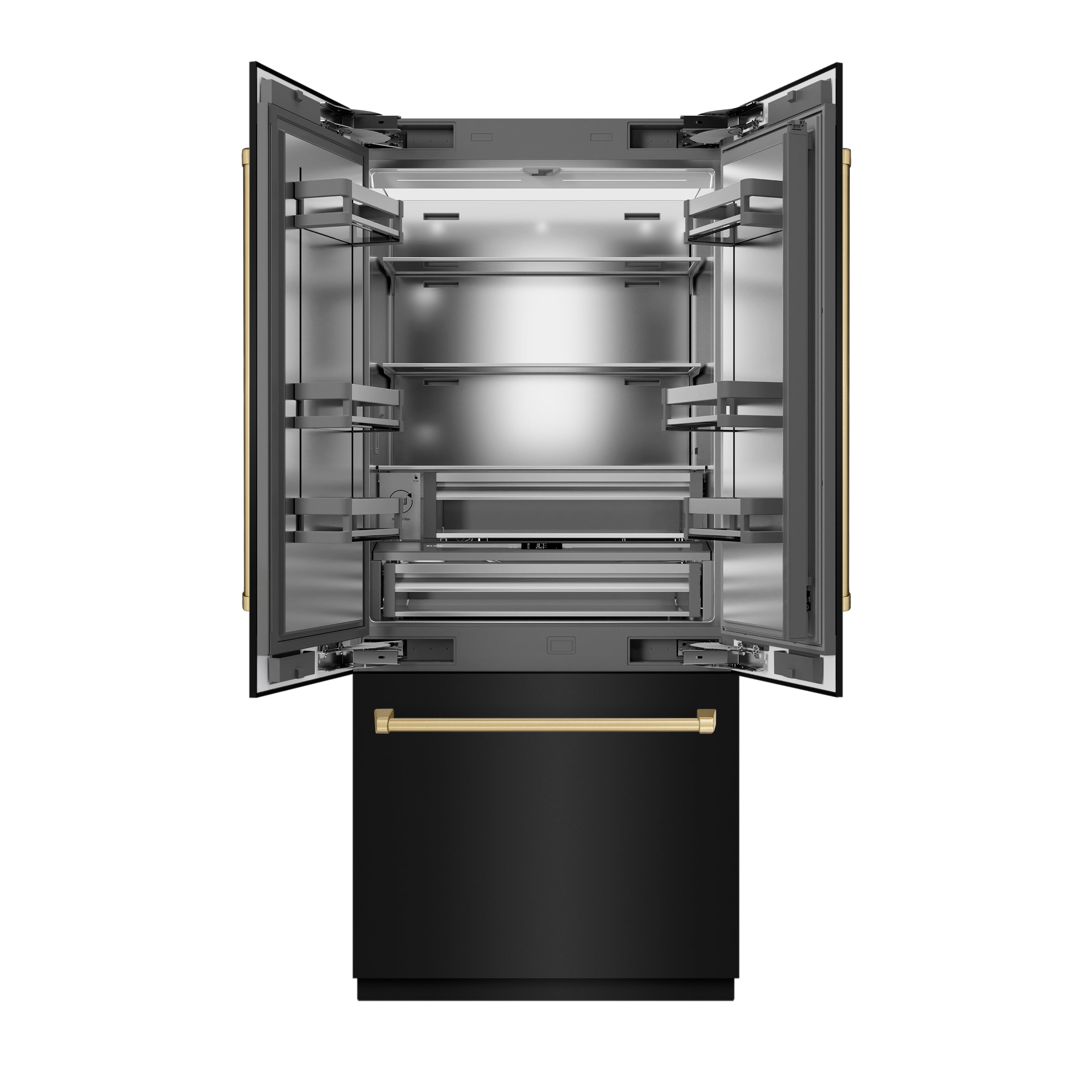 ZLINE 36 in. French Door Built-In Bottom Freezer Refrigerator 19.6 Cu. Ft. Water Dispenser Ice Maker Black Stainless Steel Champagne Bronze Accents (SRBIVZ-BS-36-CB)