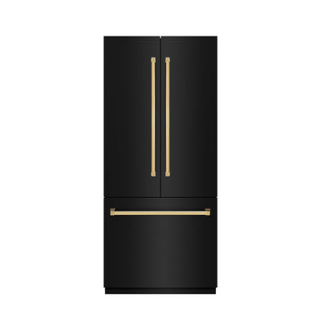 ZLINE 36-Inch French Door Built-In Bottom Freezer Refrigerator 19.6 Cu. Ft. Water Dispenser Ice Maker Black Stainless Steel Stainless Steel Interior Polished Gold Accents (SRBIVZ-BS-36-G)