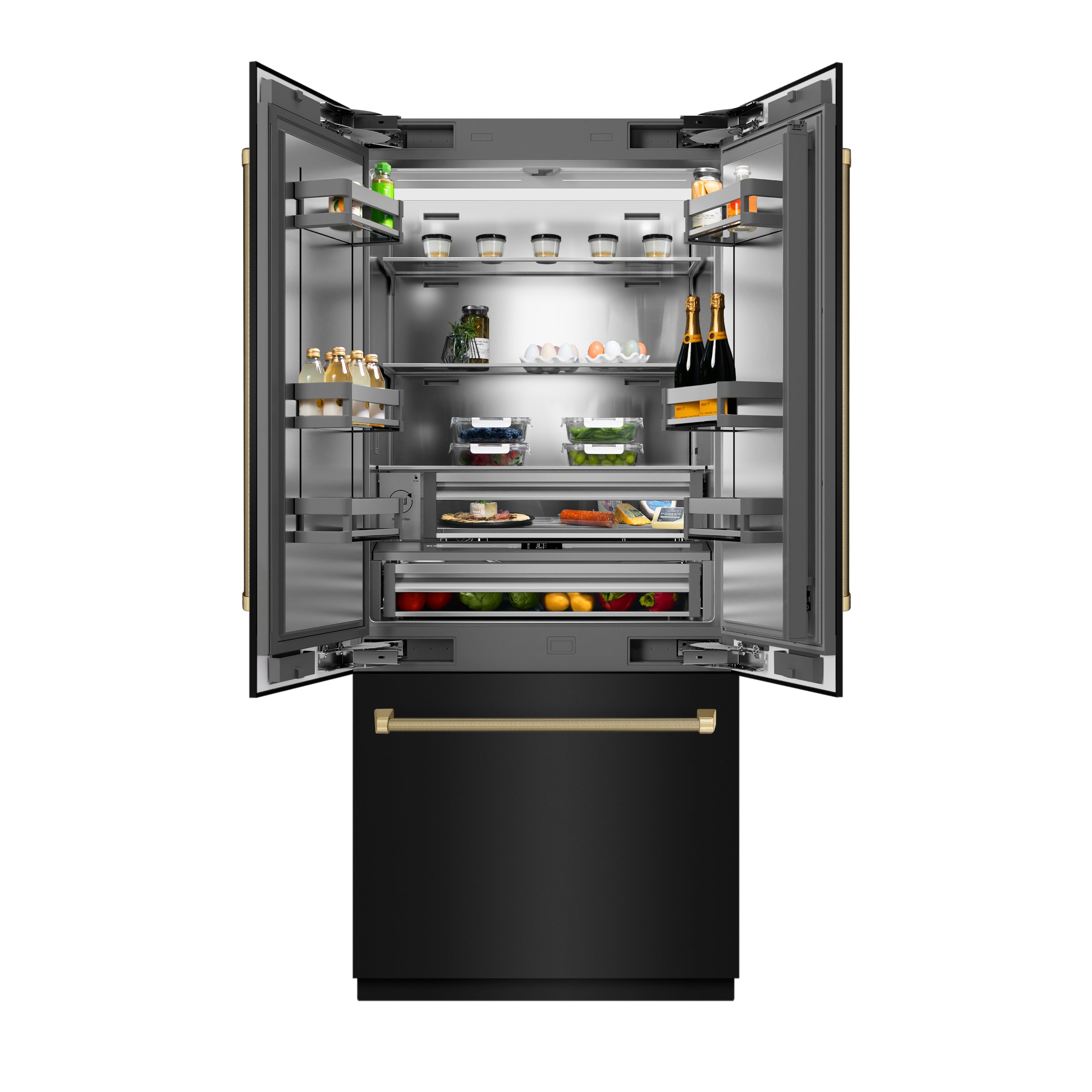 ZLINE 36 in. French Door Built-In Bottom Freezer Refrigerator 19.6 cu. ft. Water Dispenser Ice Maker Black Stainless Steel Champagne Bronze Helix Handles (SRBIVZ-BS36KCB)
