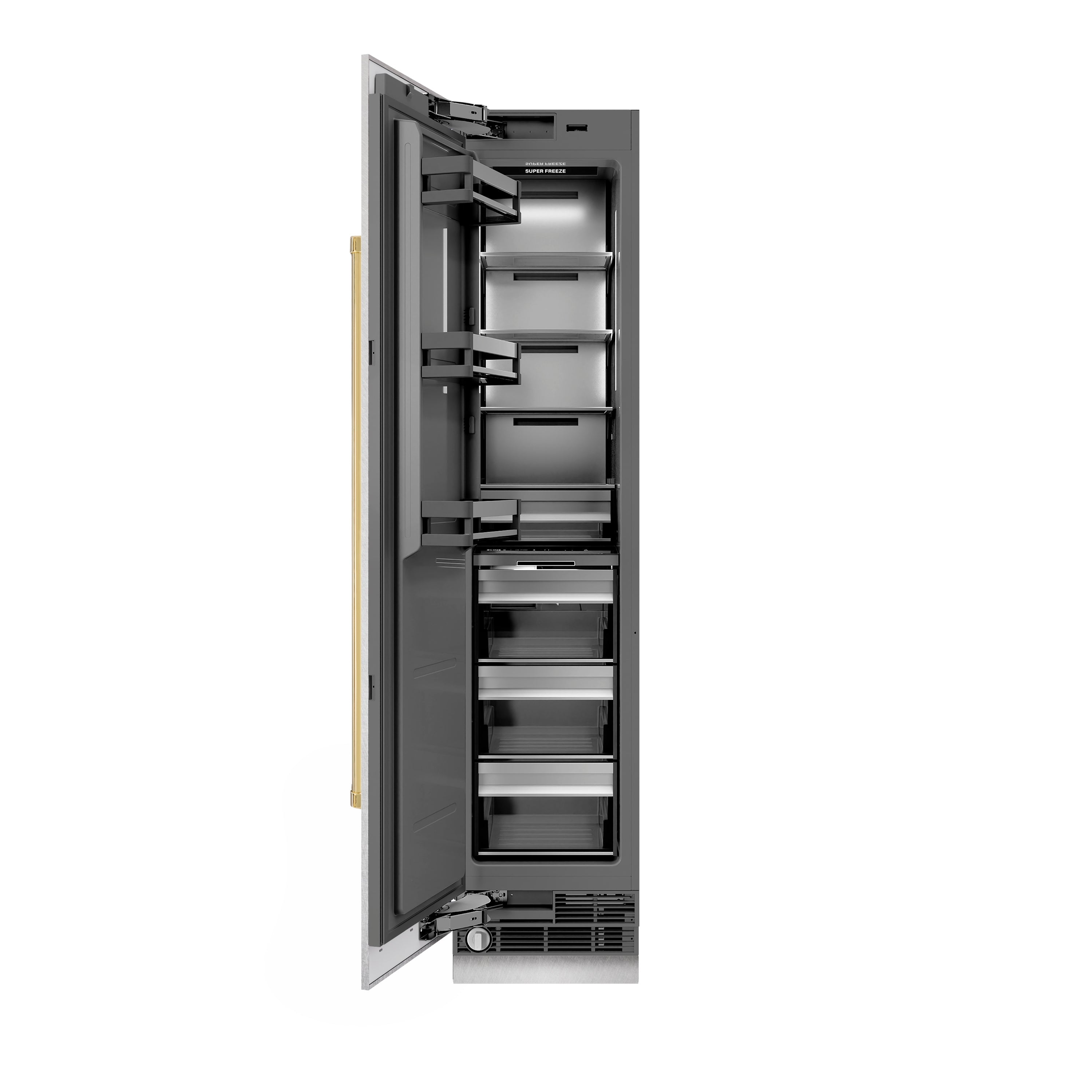 ZLINE Autograph 18" 8.6 cu. ft. Left Hinge Column Freezer in Satin Stainless Steel with Graphite Gray Interior and Polished Gold Accents, RCFVLZ-SN-18-G