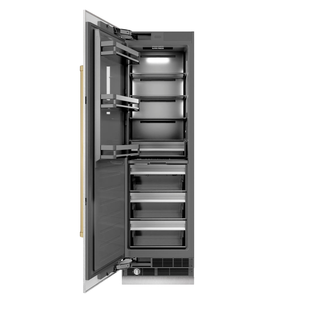 ZLINE Autograph 24" 12.4 cu. ft. Column Freezer in Satin Stainless Steel with Graphite Gray Interior and Champagne Bronze Accents, RCFVZ-SN-24-CB