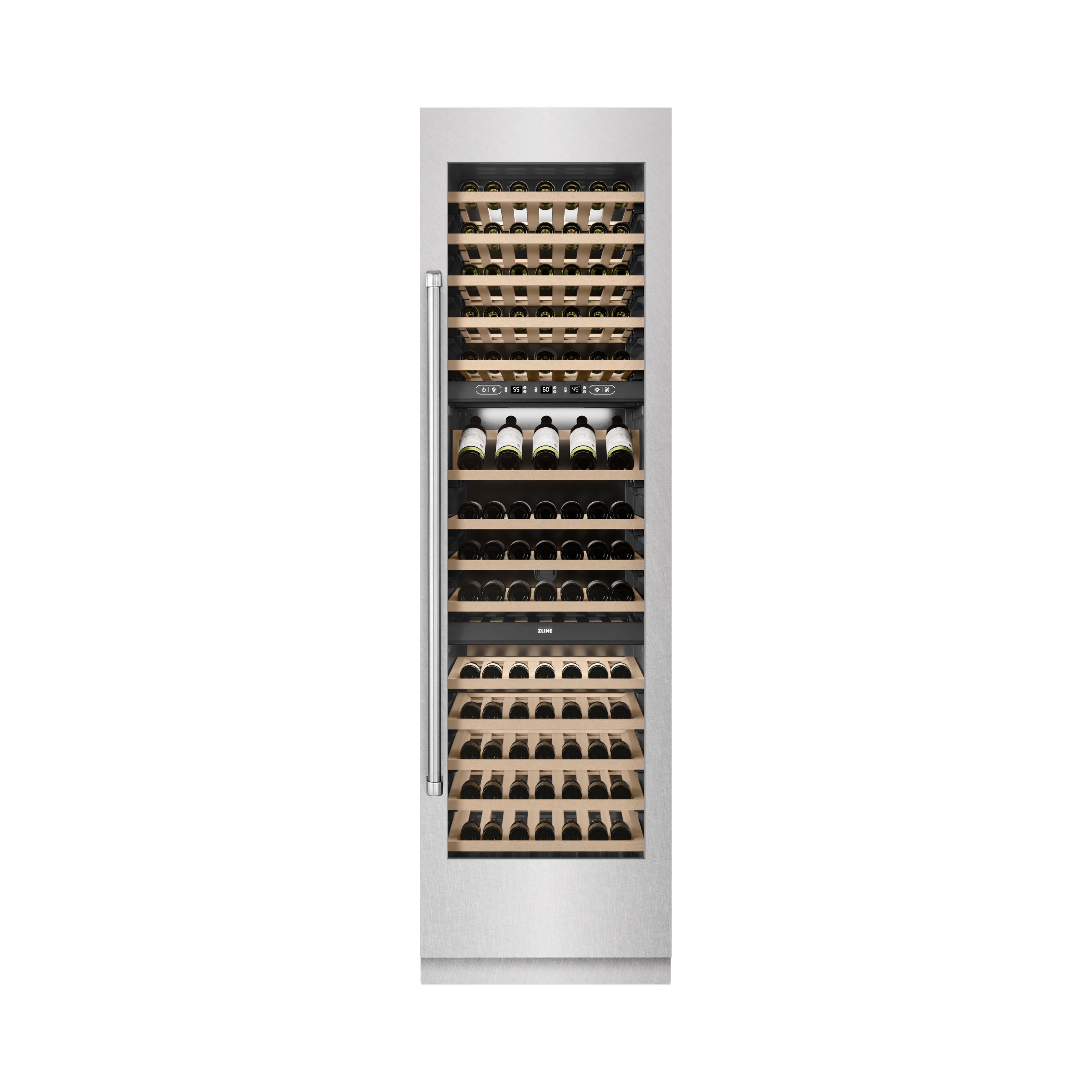 ZLINE 24" 12.4 cu. ft. Triple Zone 100 Bottle Column Wine Cooler in Satin Stainless Steel, RCWV-SN-24