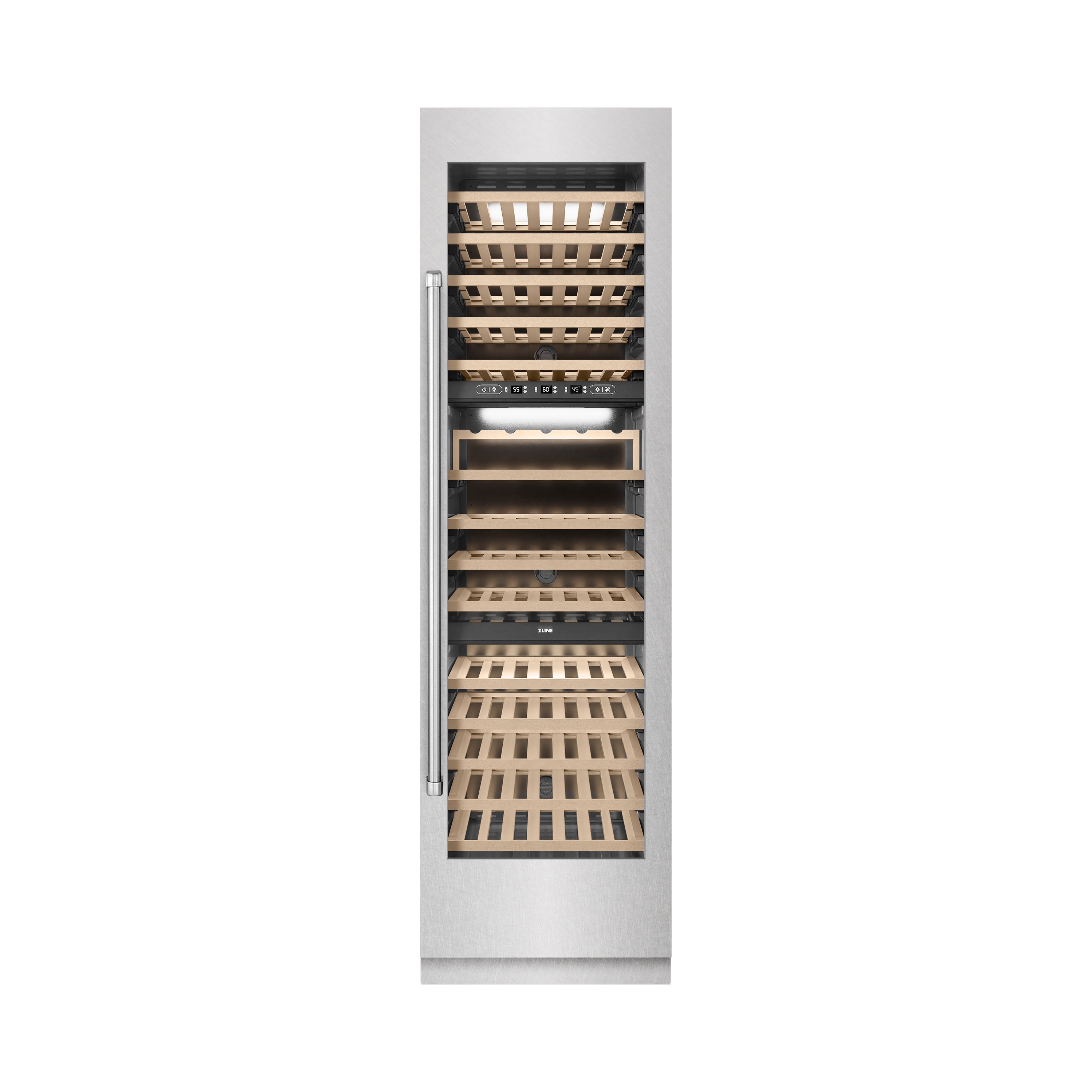 ZLINE 24" 12.4 cu. ft. Triple Zone 100 Bottle Column Wine Cooler in Satin Stainless Steel, RCWV-SN-24