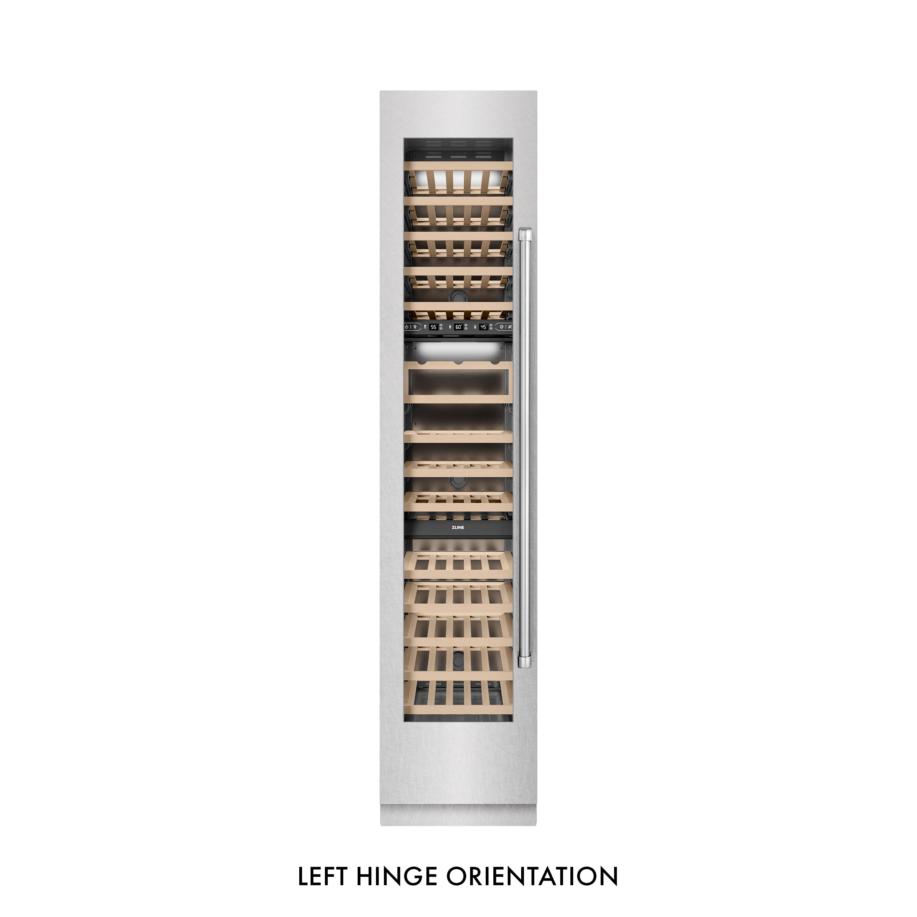ZLINE 18" 9.0 cu. ft. Triple Zone 68 Bottle Left Hinge Column Wine Cooler in Satin Stainless Steel, RCWVL-SN-18
