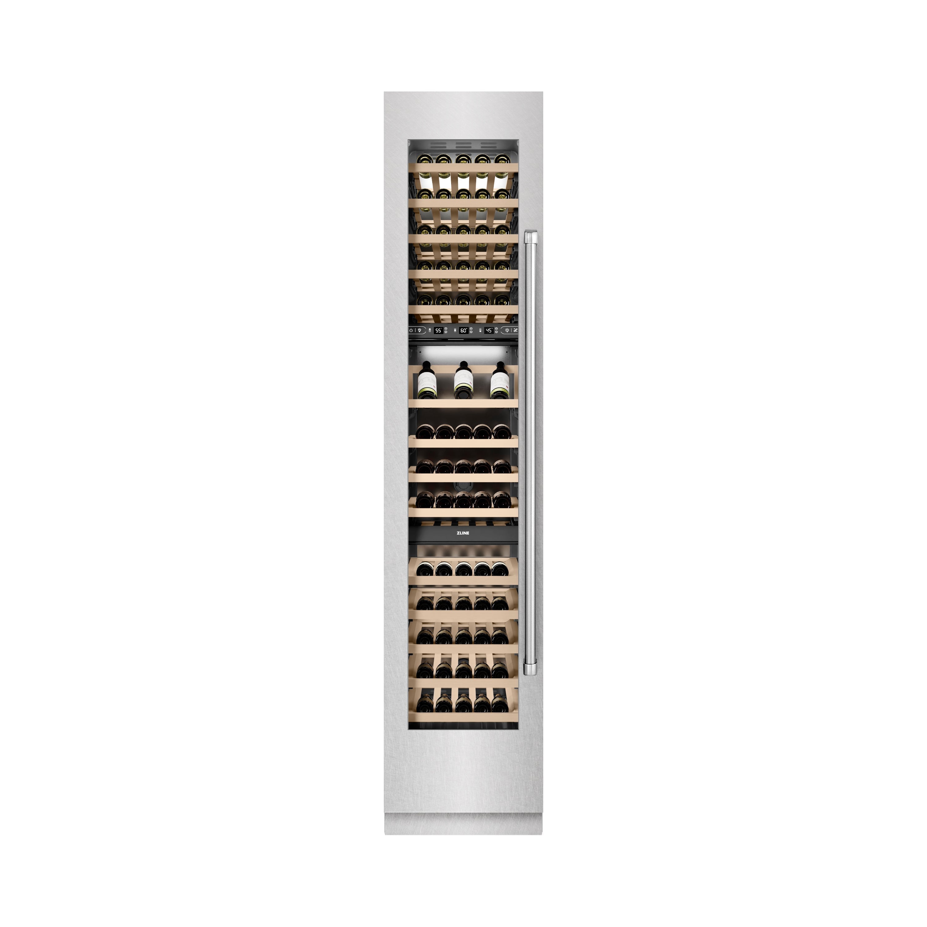 ZLINE 18" 9.0 cu. ft. Triple Zone 68 Bottle Left Hinge Column Wine Cooler in Satin Stainless Steel, RCWVL-SN-18
