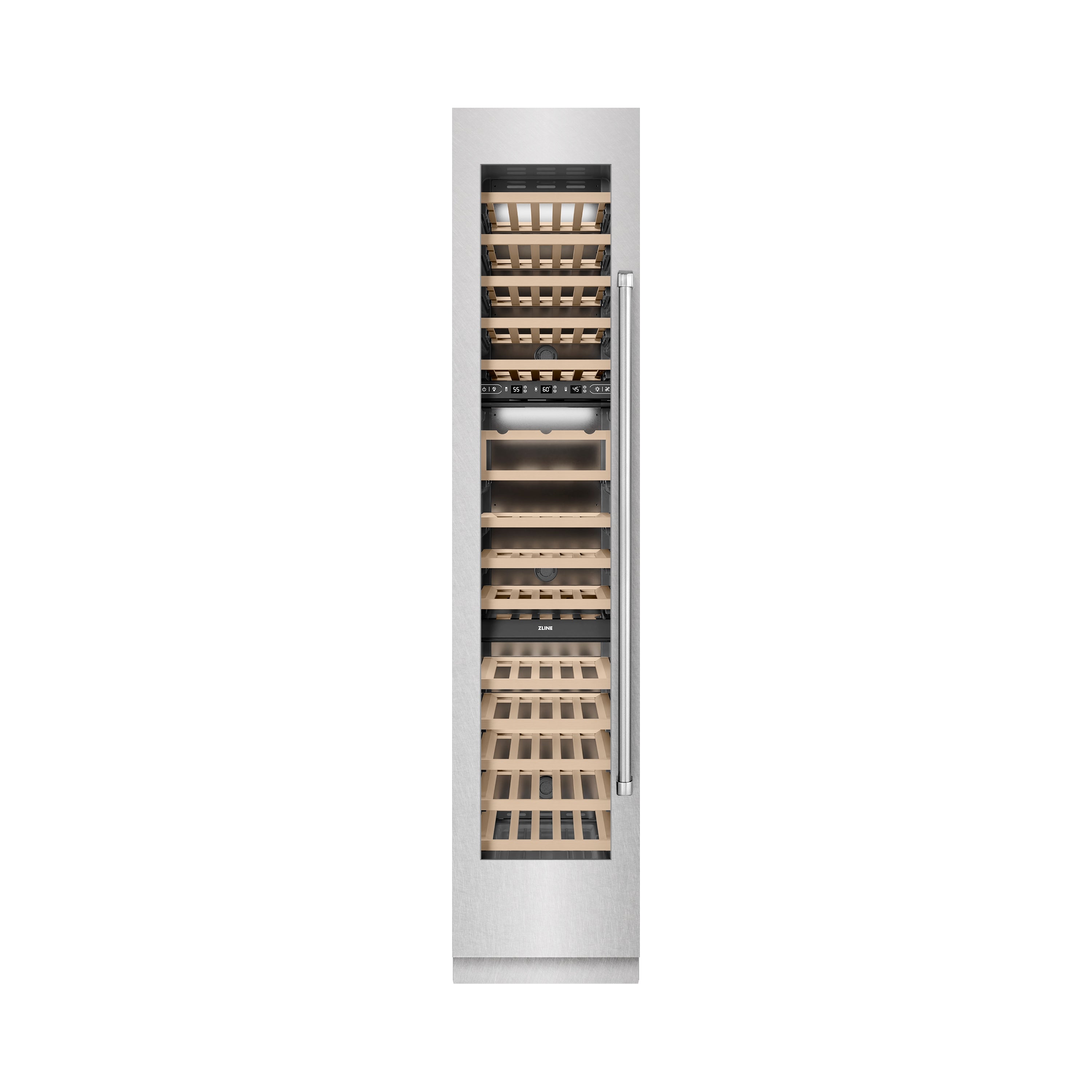 ZLINE 18" 9.0 cu. ft. Triple Zone 68 Bottle Left Hinge Column Wine Cooler in Satin Stainless Steel, RCWVL-SN-18