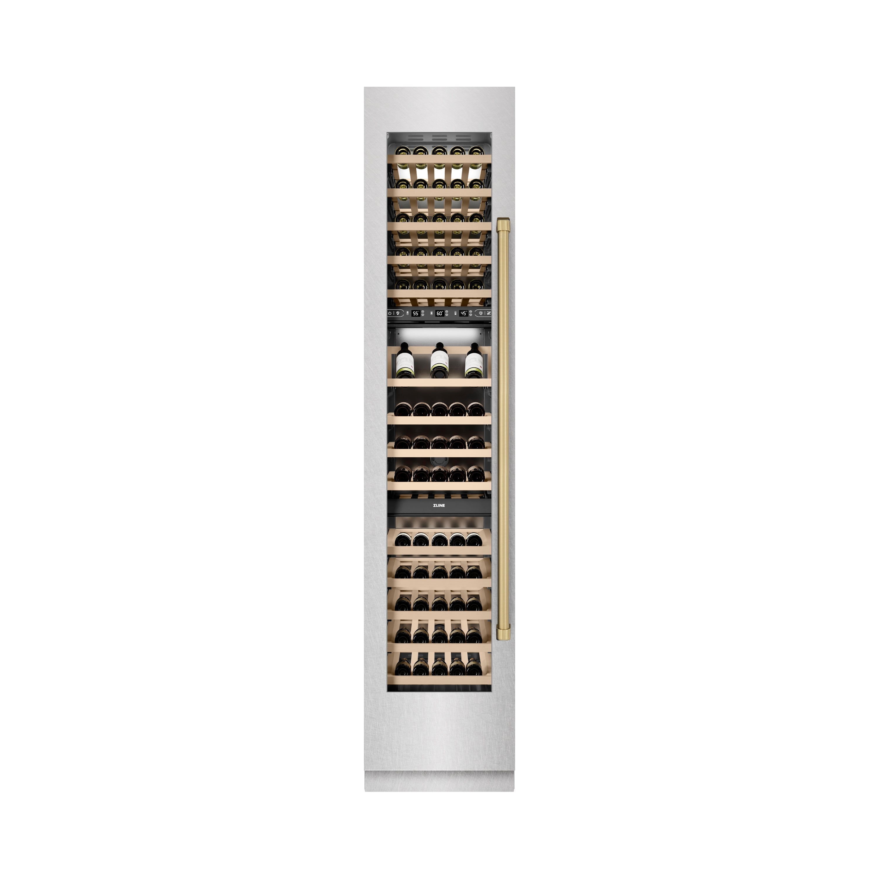 ZLINE Autograph 18" 9.0 cu. ft. Triple Zone 68 Bottle Left Hinge Column Wine Cooler in Satin Stainless Steel with Champagne Bronze Accents, RCWVLZ-SN-18-CB