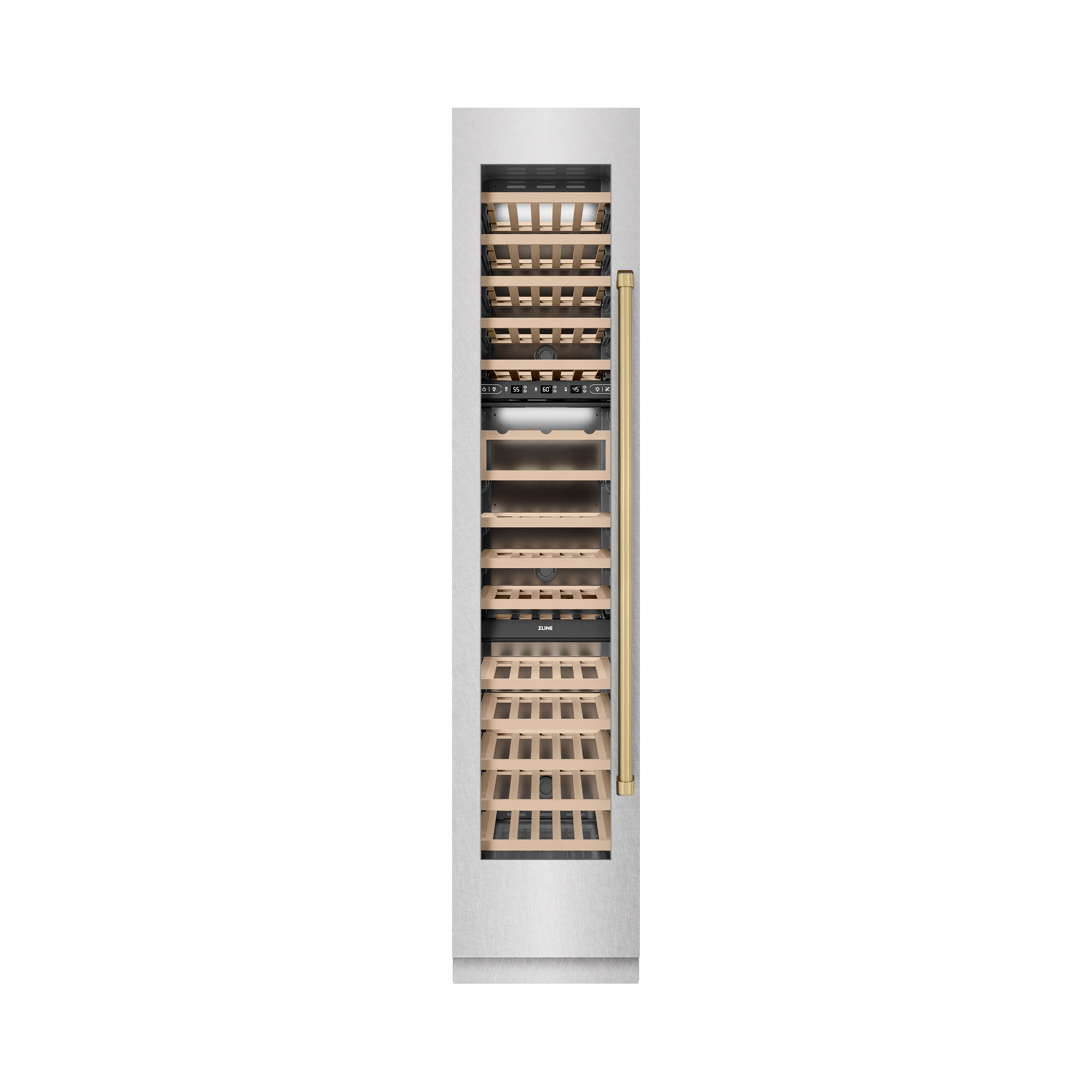 ZLINE Autograph 18" 9.0 cu. ft. Triple Zone 68 Bottle Left Hinge Column Wine Cooler in Satin Stainless Steel with Champagne Bronze Accents, RCWVLZ-SN-18-CB