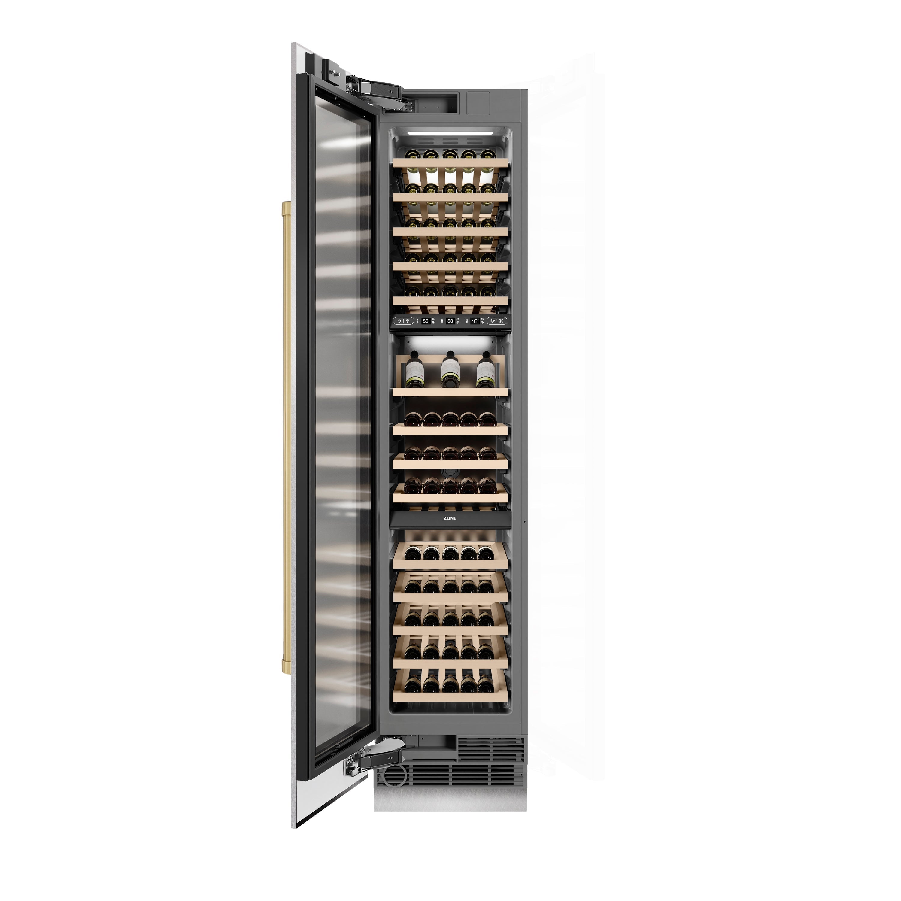 ZLINE Autograph 18" 9.0 cu. ft. Triple Zone 68 Bottle Left Hinge Column Wine Cooler in Satin Stainless Steel with Champagne Bronze Accents, RCWVLZ-SN-18-CB