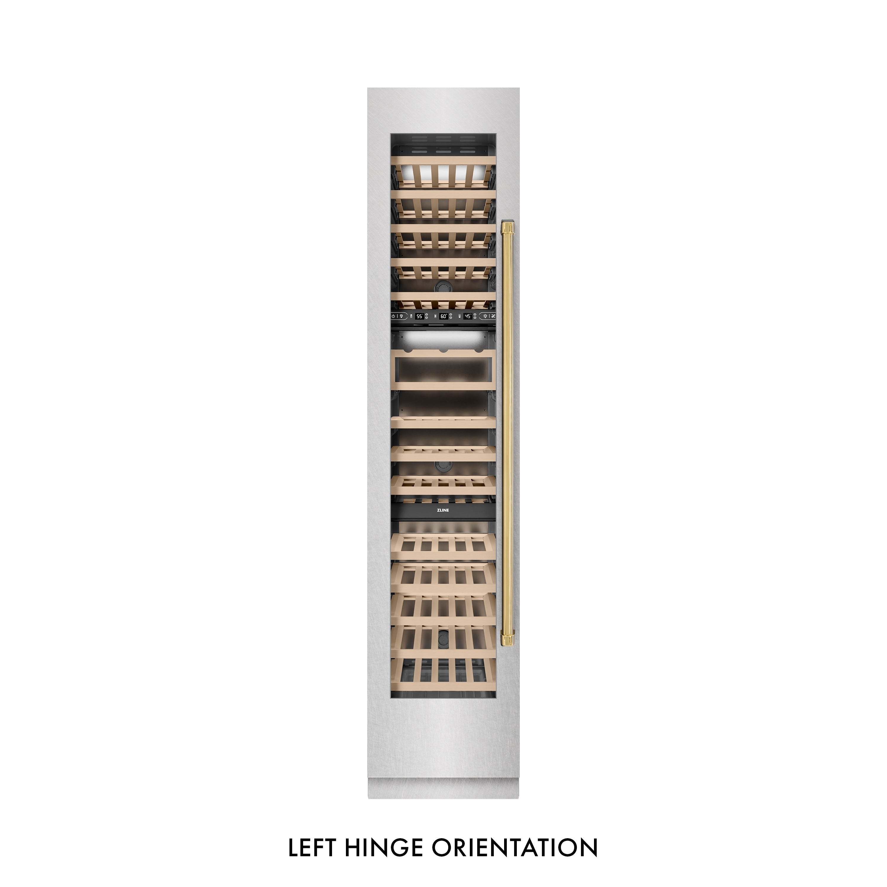 ZLINE Autograph 18" 9.0 cu. ft. Triple Zone 68 Bottle Left Hinge Column Wine Cooler in Satin Stainless Steel with Polished Gold Accents, RCWVLZ-SN-18-G