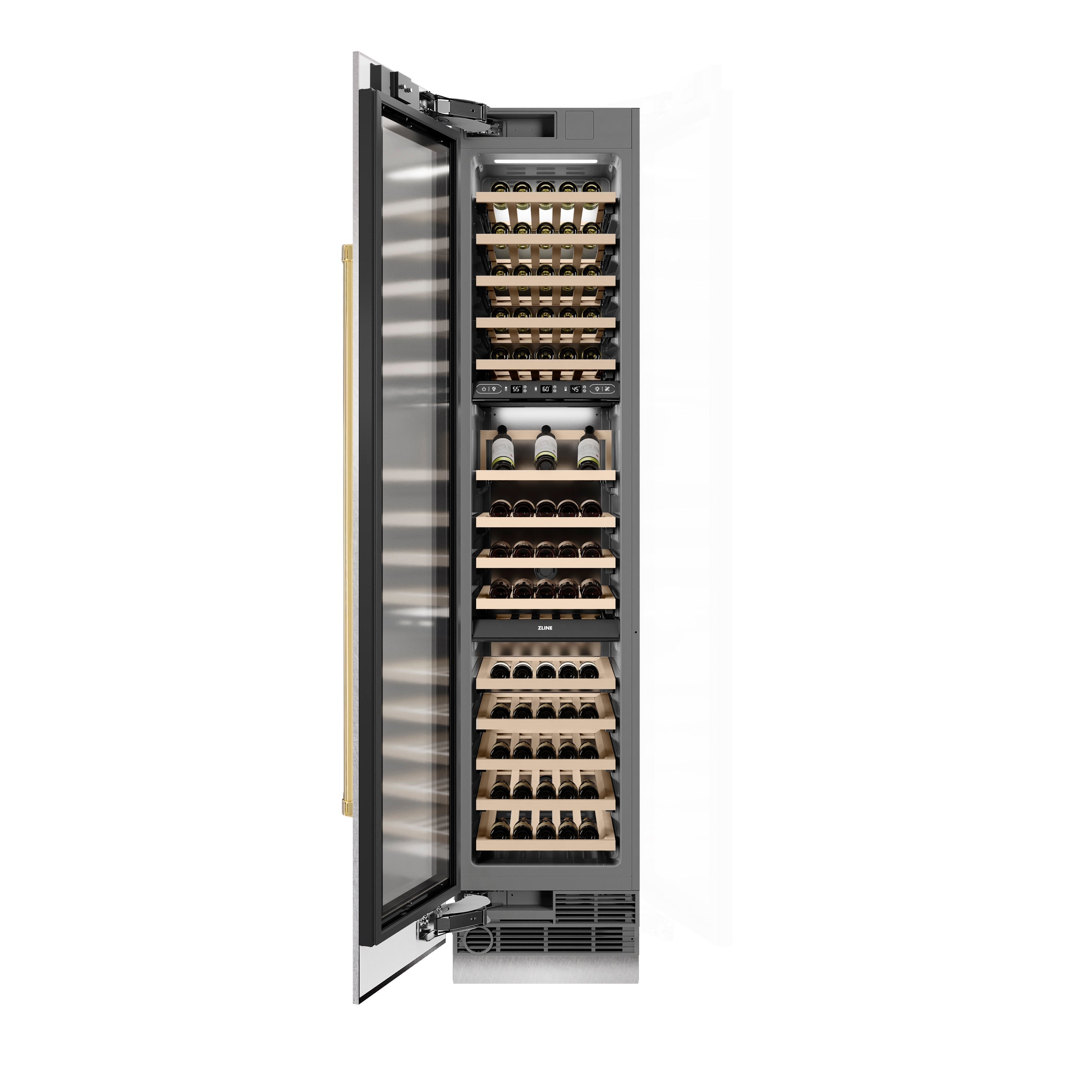 ZLINE Autograph 18" 9.0 cu. ft. Triple Zone 68 Bottle Left Hinge Column Wine Cooler in Satin Stainless Steel with Polished Gold Accents, RCWVLZ-SN-18-G
