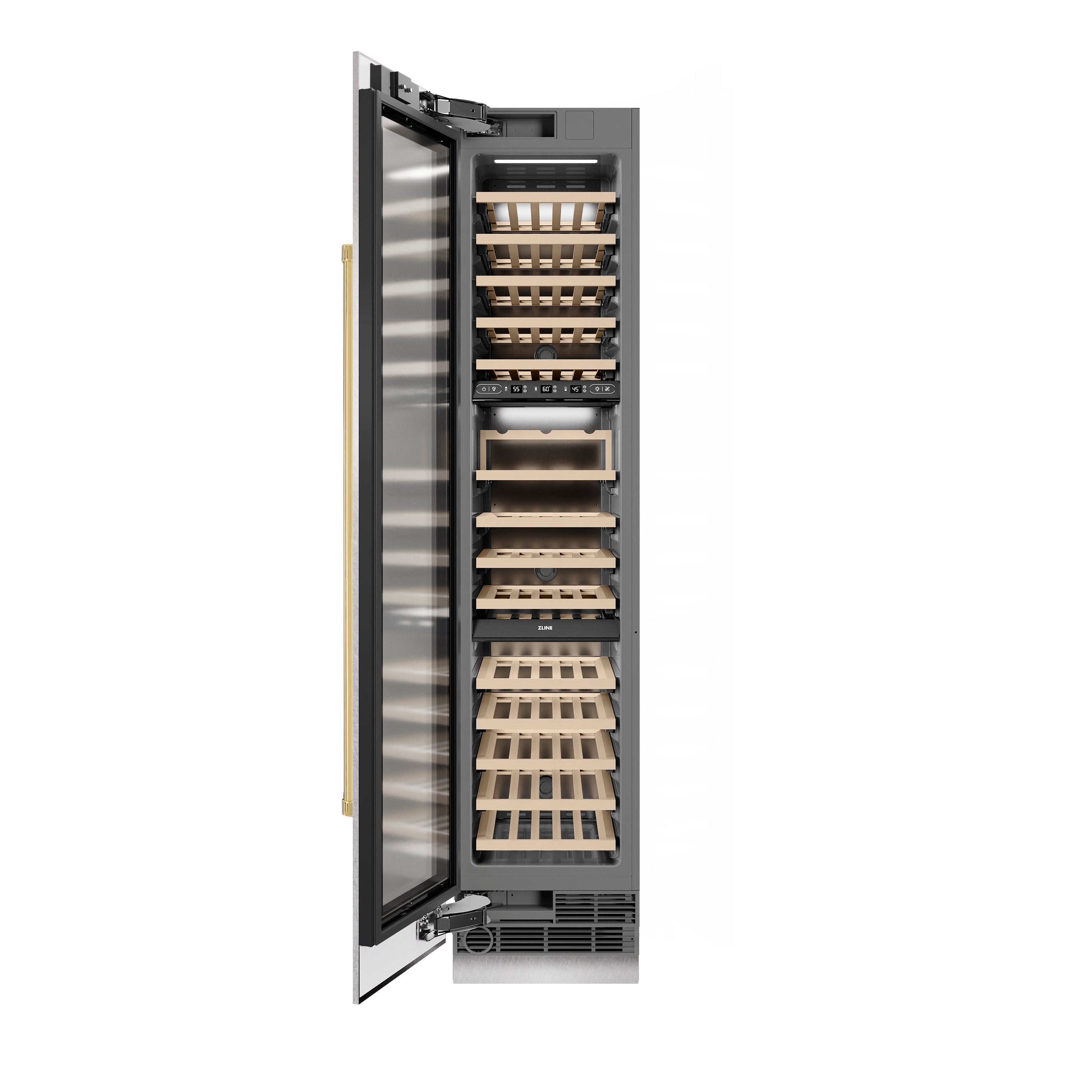 ZLINE Autograph 18" 9.0 cu. ft. Triple Zone 68 Bottle Left Hinge Column Wine Cooler in Satin Stainless Steel with Polished Gold Accents, RCWVLZ-SN-18-G