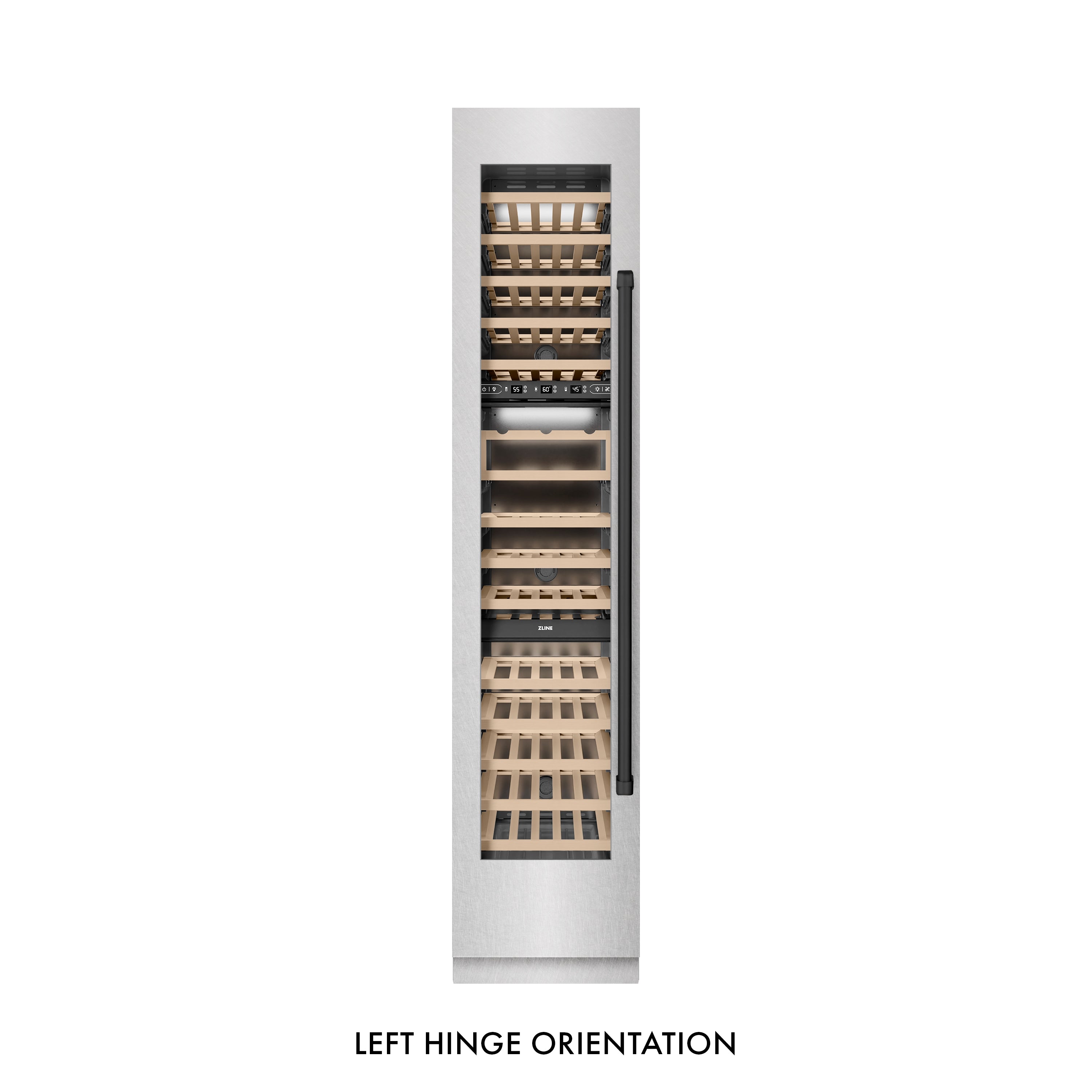ZLINE Autograph 18" 9.0 cu. ft. Triple Zone 68 Bottle Left Hinge Column Wine Cooler in Satin Stainless Steel with Matte Black Accents, RCWVLZ-SN-18-MB