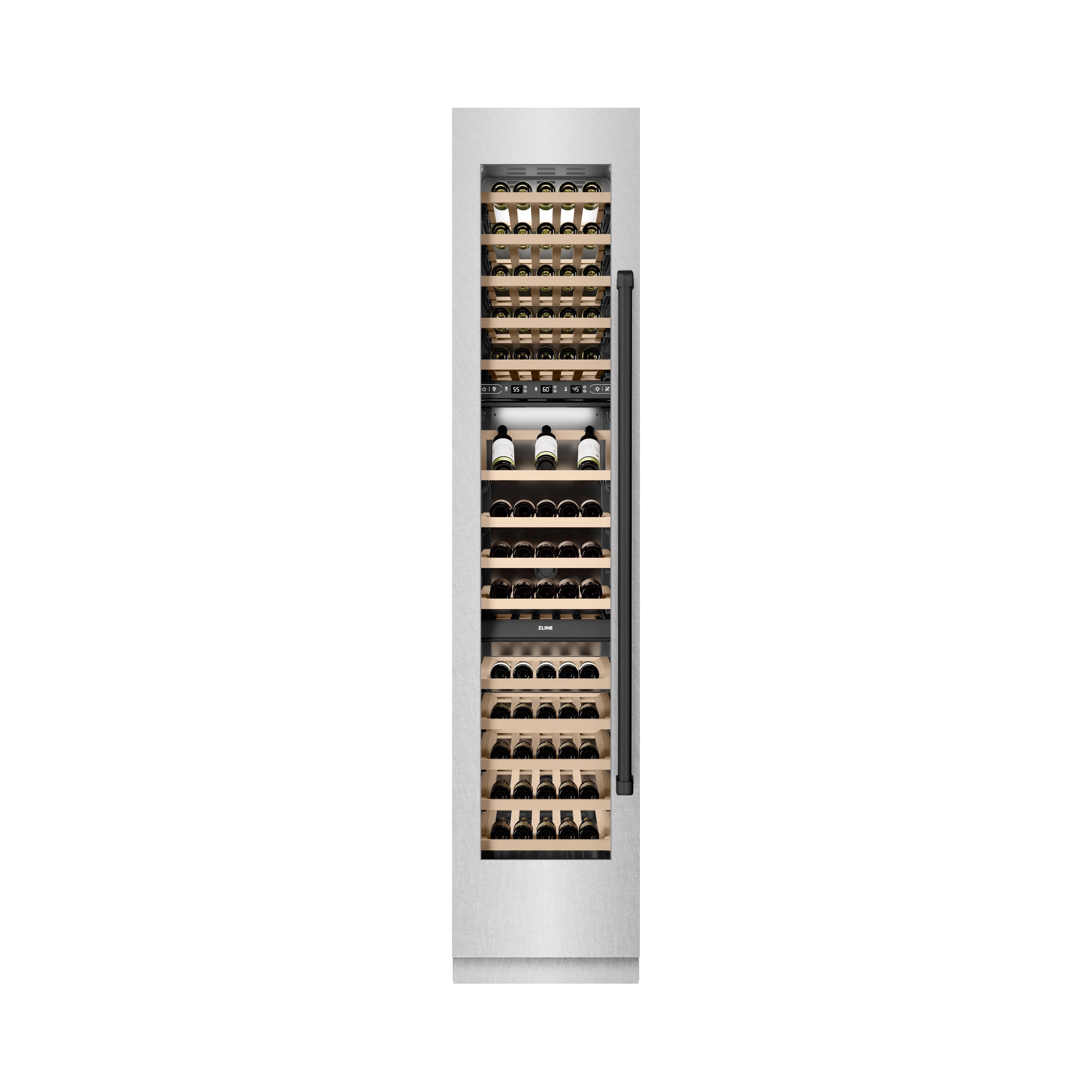 ZLINE Autograph 18" 9.0 cu. ft. Triple Zone 68 Bottle Left Hinge Column Wine Cooler in Satin Stainless Steel with Matte Black Accents, RCWVLZ-SN-18-MB