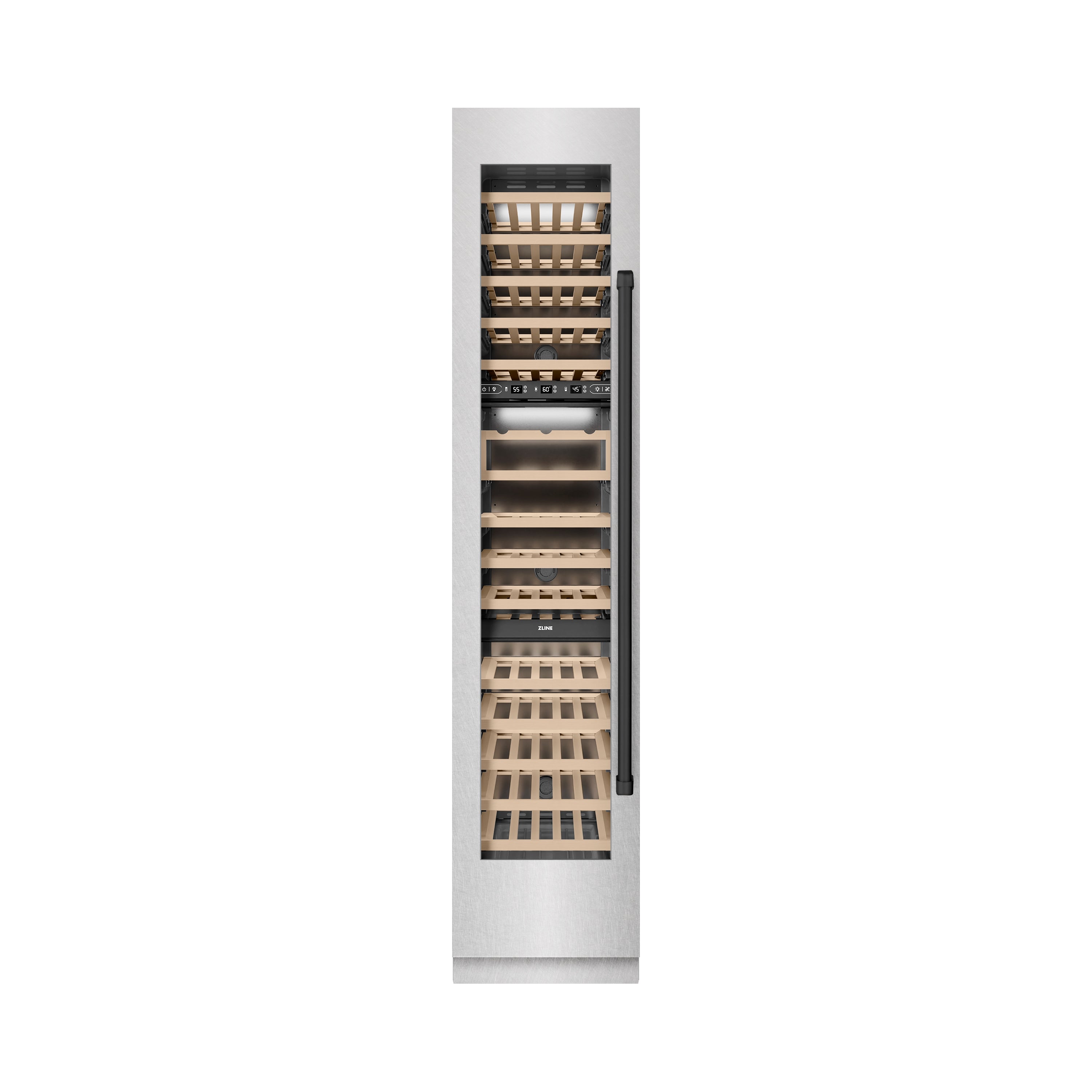 ZLINE Autograph 18" 9.0 cu. ft. Triple Zone 68 Bottle Left Hinge Column Wine Cooler in Satin Stainless Steel with Matte Black Accents, RCWVLZ-SN-18-MB