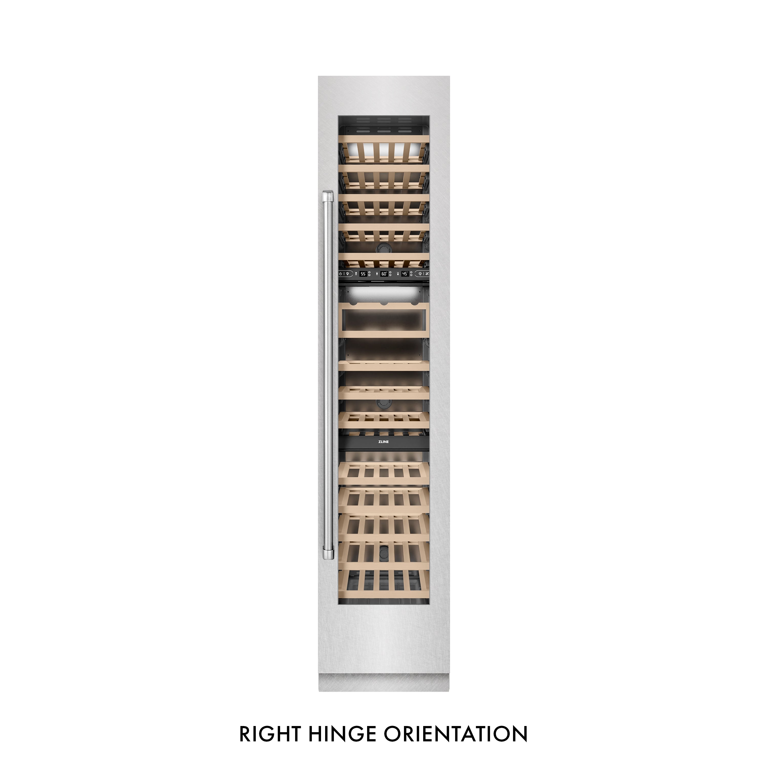 ZLINE 18" 9.0 cu. ft. Triple Zone 68 Bottle Right Hinge Column Wine Cooler in Satin Stainless Steel, RCWVR-SN-18