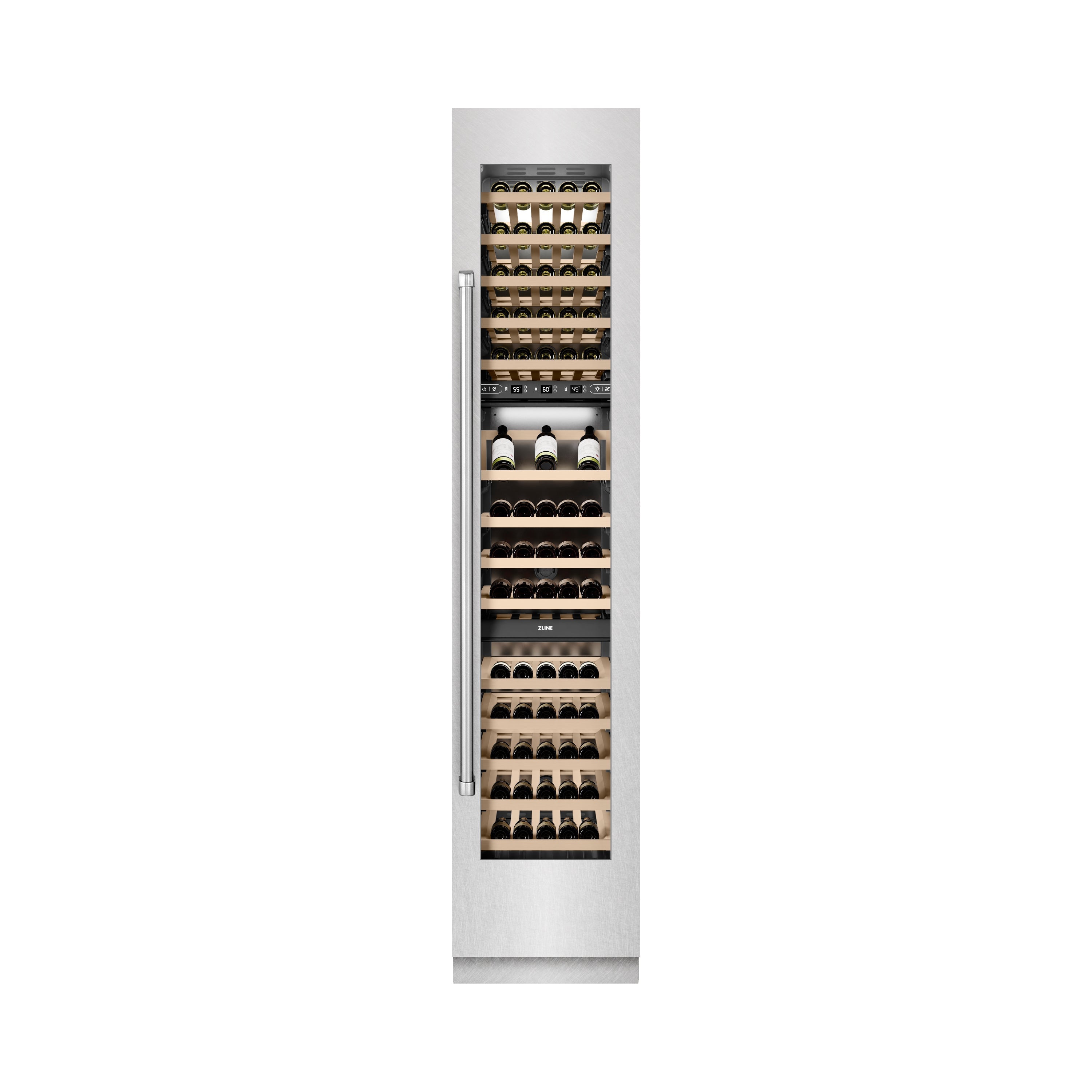 ZLINE 18" 9.0 cu. ft. Triple Zone 68 Bottle Right Hinge Column Wine Cooler in Satin Stainless Steel, RCWVR-SN-18