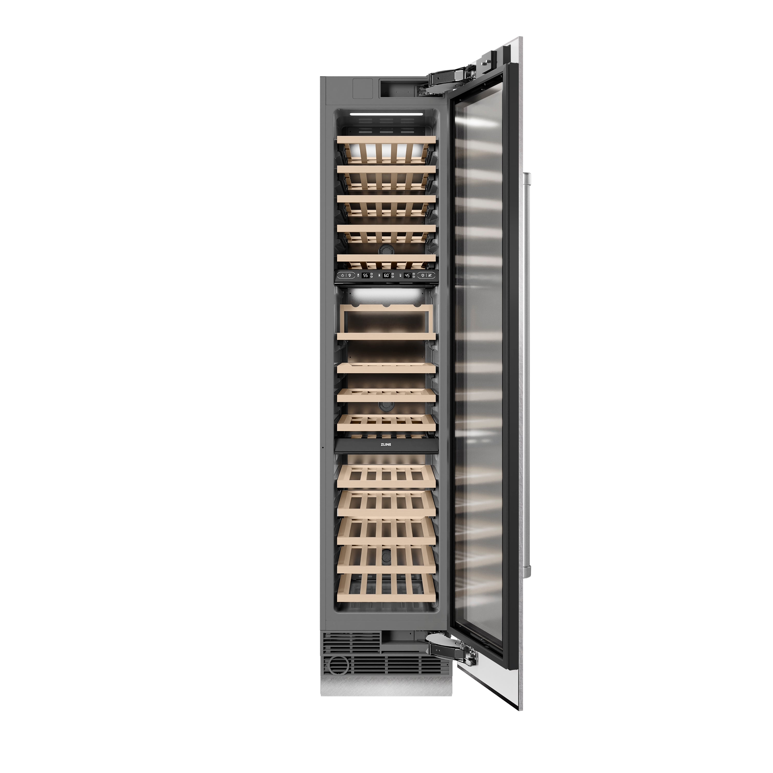 ZLINE 18" 9.0 cu. ft. Triple Zone 68 Bottle Right Hinge Column Wine Cooler in Satin Stainless Steel, RCWVR-SN-18