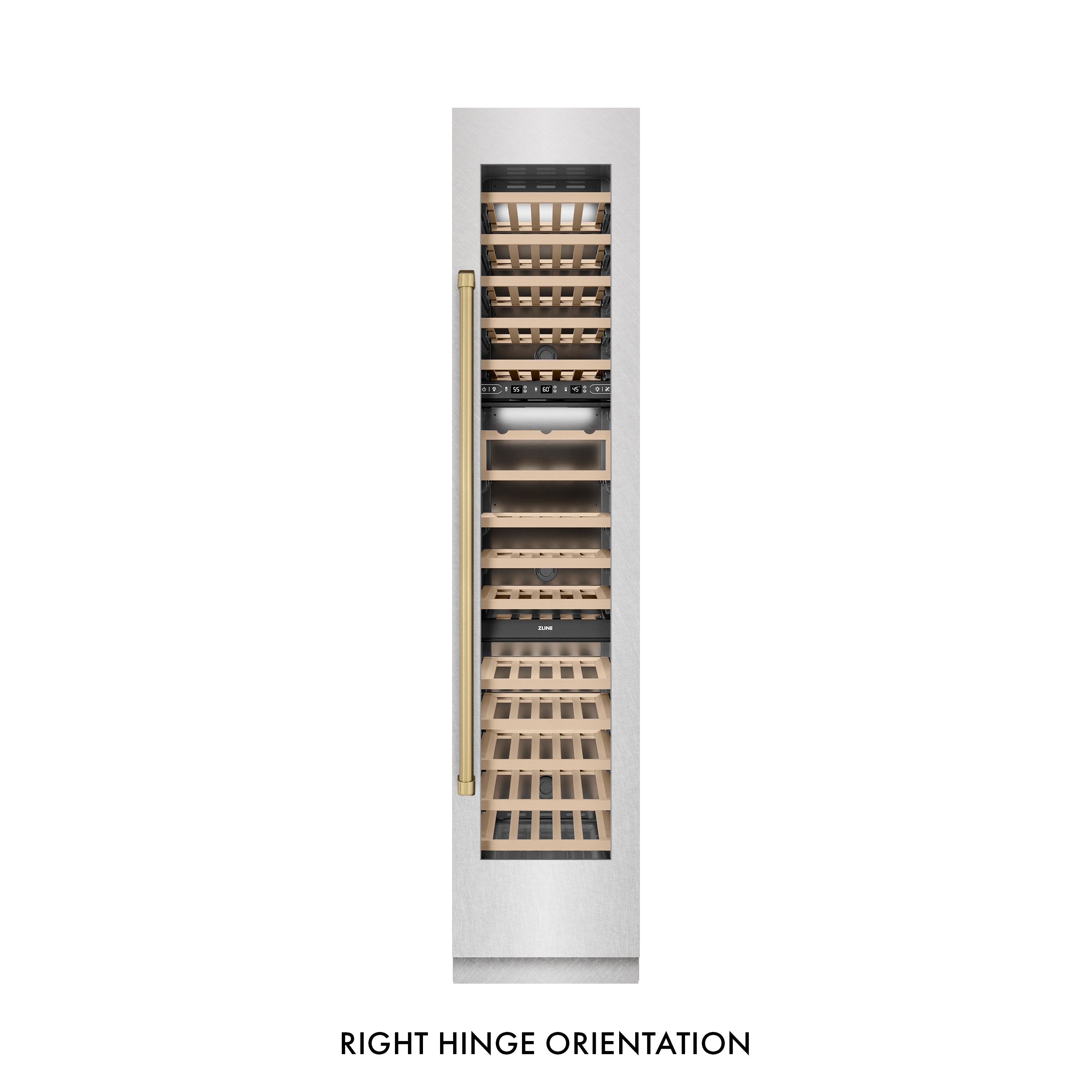 ZLINE Autograph 18" 9.0 cu. ft. Triple Zone 68 Bottle Right Hinge Column Wine Cooler in Satin Stainless Steel with Champagne Bronze Accents, RCWVRZ-SN-18-CB