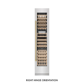 ZLINE Autograph 18" 9.0 cu. ft. Triple Zone 68 Bottle Right Hinge Column Wine Cooler in Satin Stainless Steel with Champagne Bronze Accents, RCWVRZ-SN-18-CB