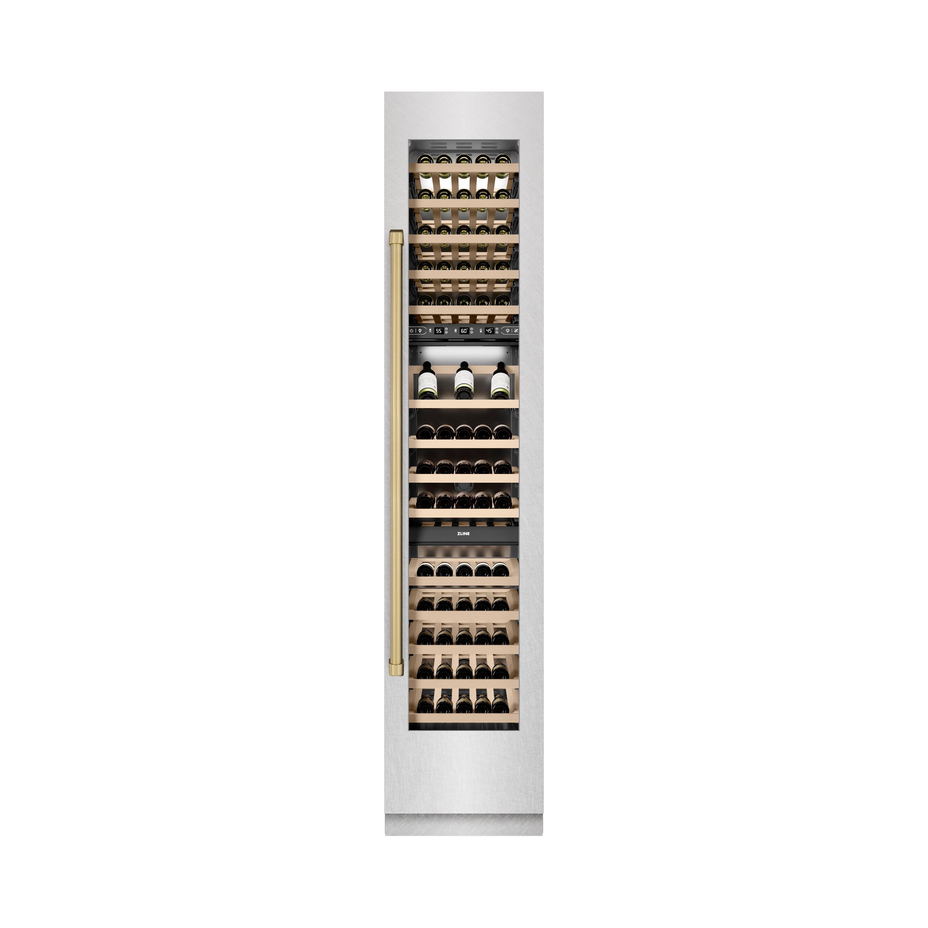 ZLINE Autograph 18" 9.0 cu. ft. Triple Zone 68 Bottle Right Hinge Column Wine Cooler in Satin Stainless Steel with Champagne Bronze Accents, RCWVRZ-SN-18-CB