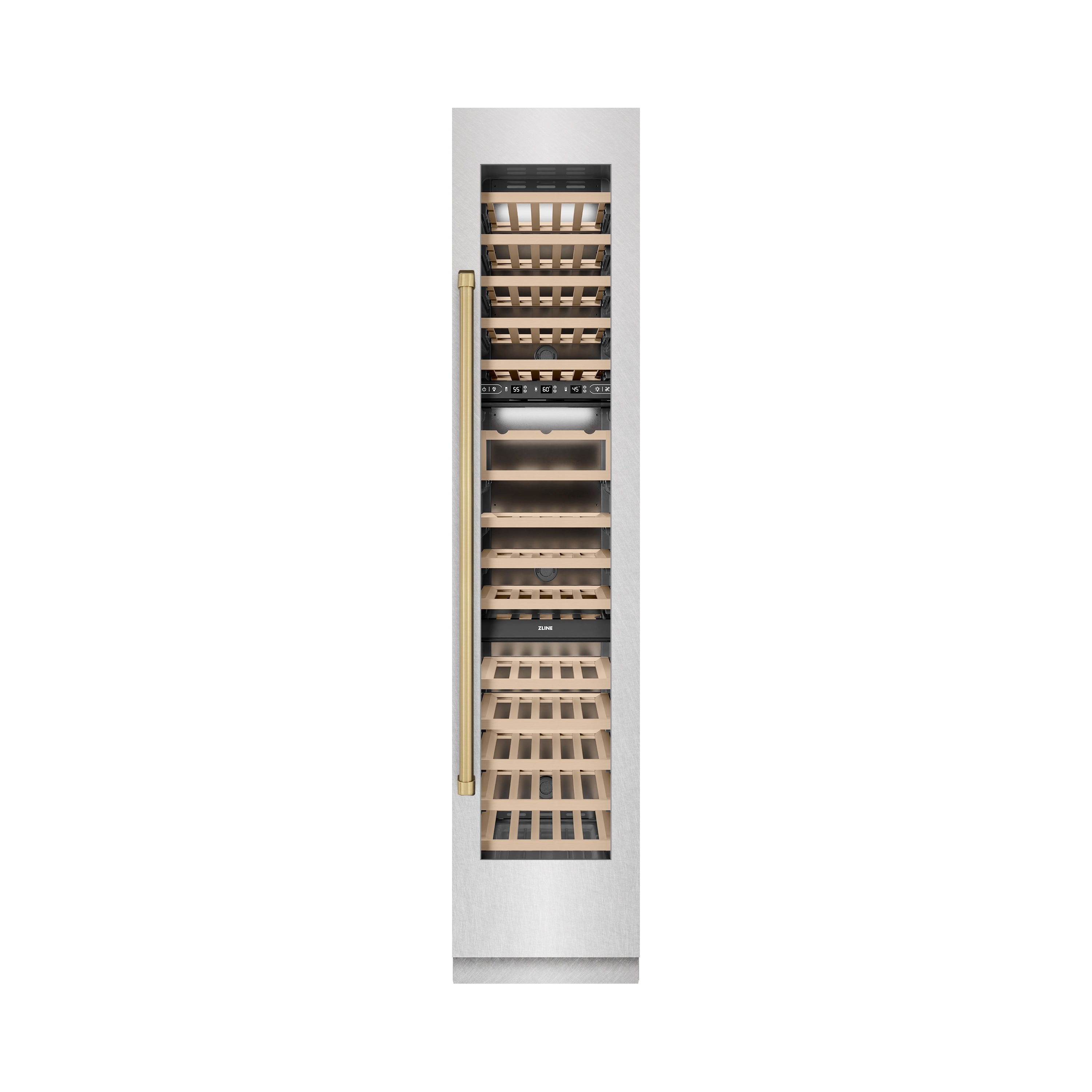 ZLINE Autograph 18" 9.0 cu. ft. Triple Zone 68 Bottle Right Hinge Column Wine Cooler in Satin Stainless Steel with Champagne Bronze Accents, RCWVRZ-SN-18-CB