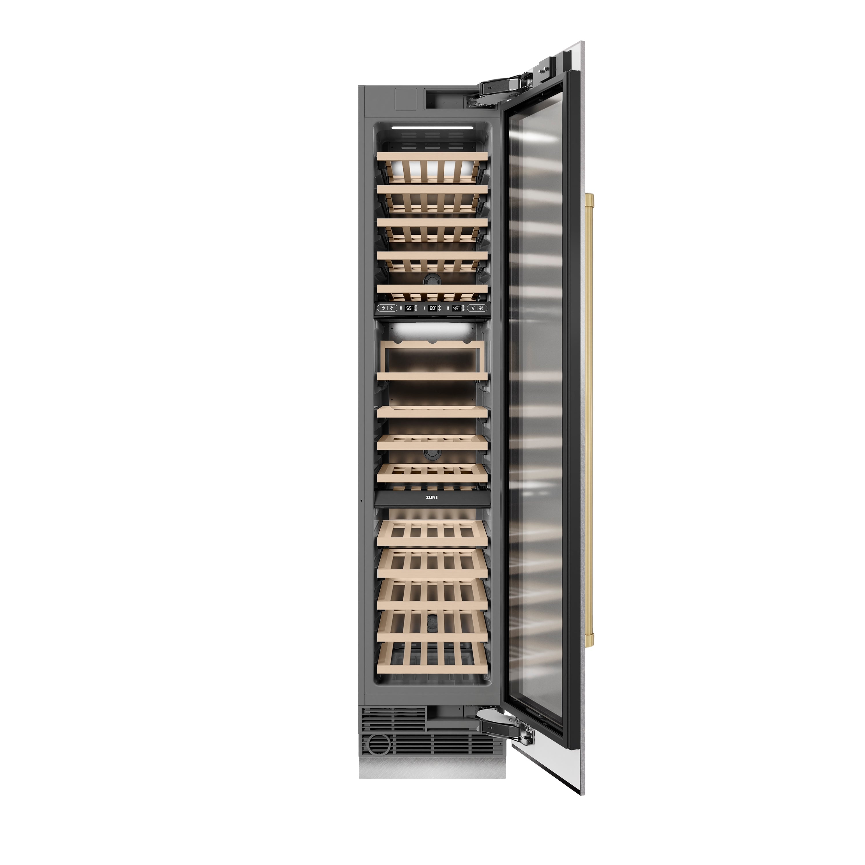 ZLINE Autograph 18" 9.0 cu. ft. Triple Zone 68 Bottle Right Hinge Column Wine Cooler in Satin Stainless Steel with Champagne Bronze Accents, RCWVRZ-SN-18-CB