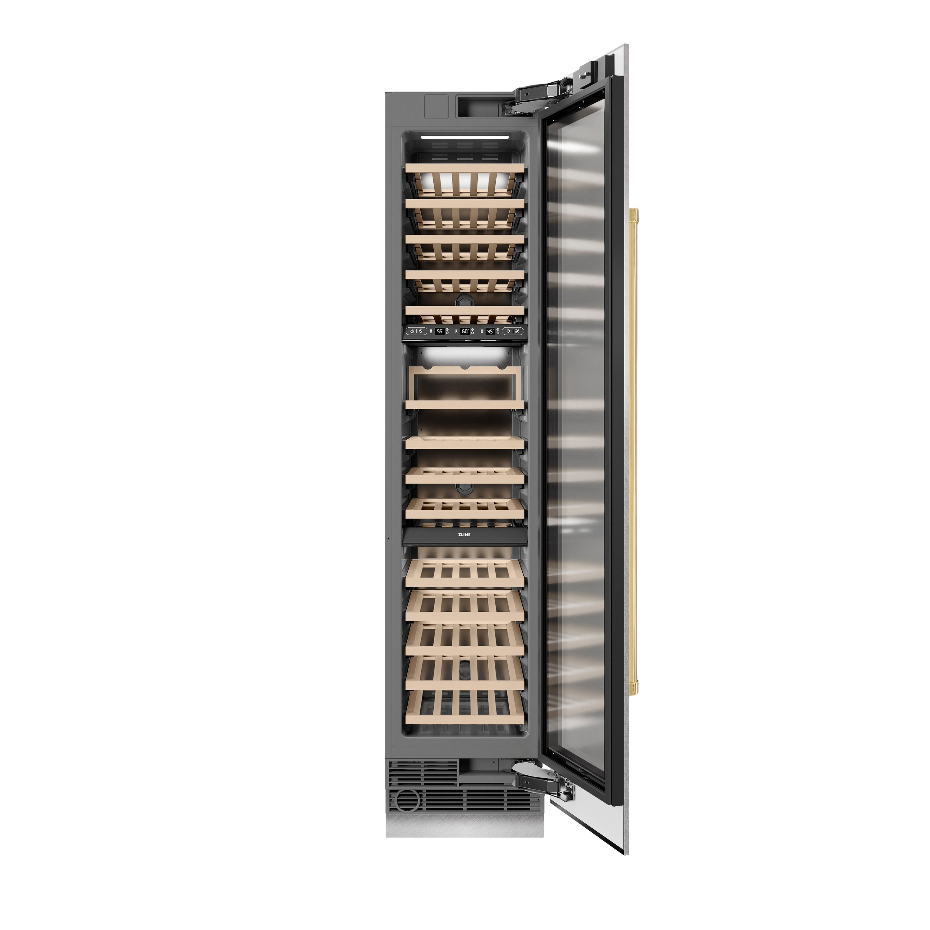 ZLINE Autograph 18" 9.0 cu. ft. Triple Zone 68 Bottle Right Hinge Column Wine Cooler in Satin Stainless Steel with Polished Gold Accents, RCWVRZ-SN-18-G