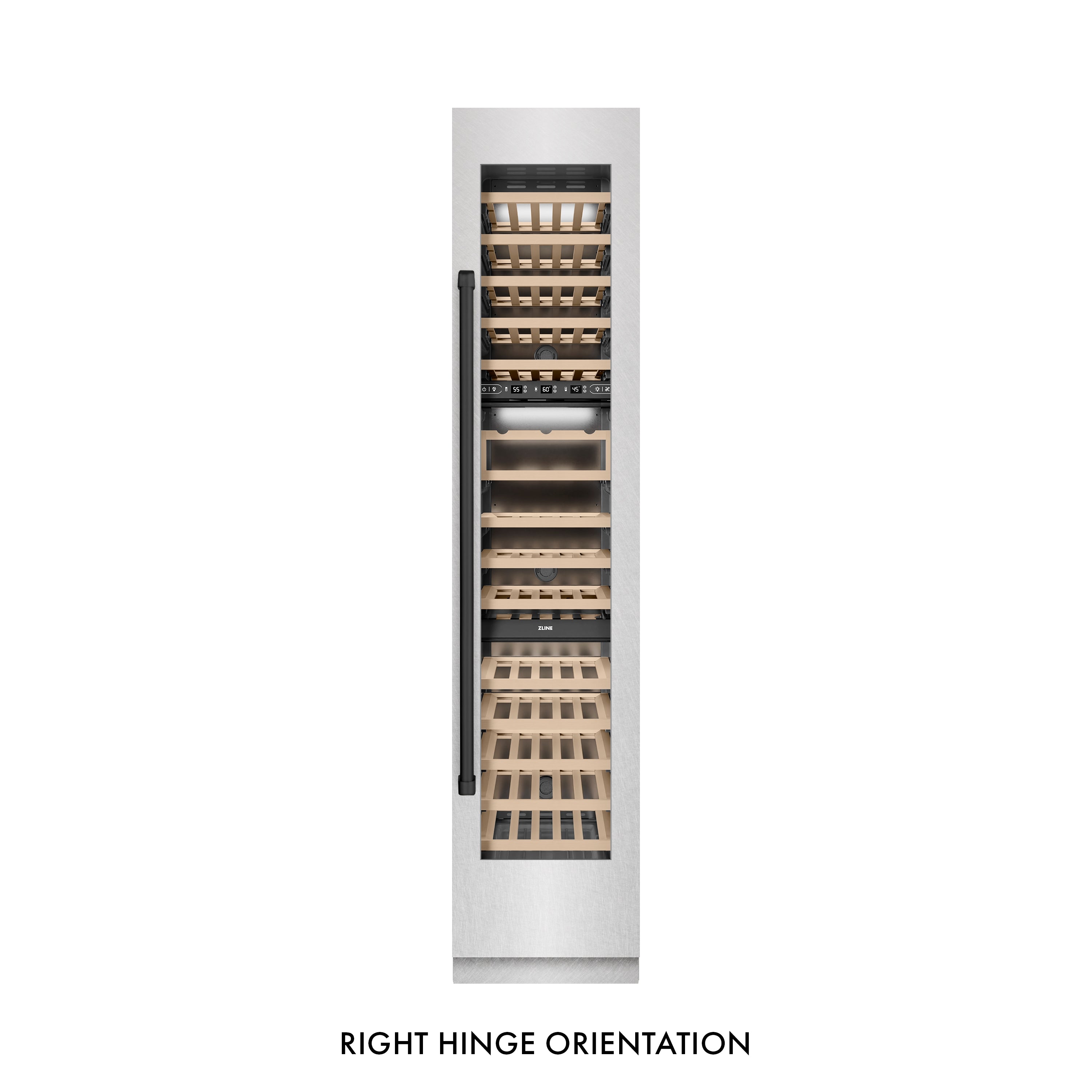 ZLINE Autograph 18" 9.0 cu. ft. Triple Zone 68 Bottle Right Hinge Column Wine Cooler in Satin Stainless Steel with Matte Black Accents, RCWVRZ-SN-18-MB