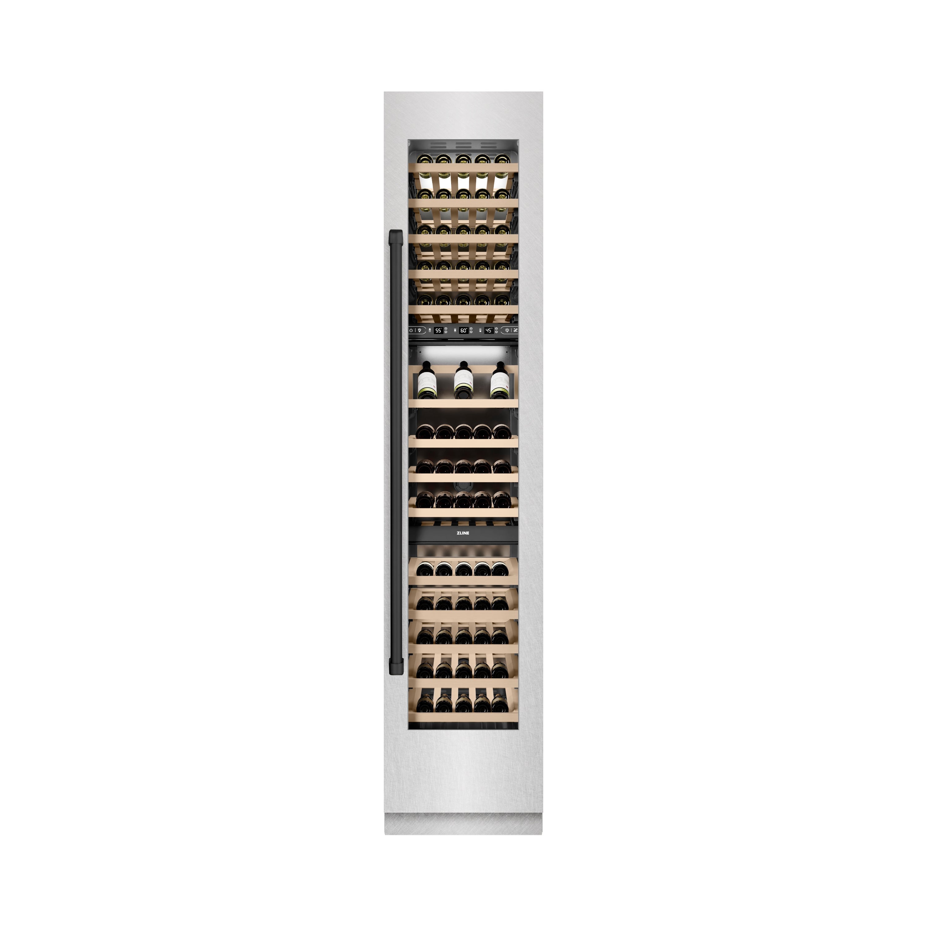ZLINE Autograph 18" 9.0 cu. ft. Triple Zone 68 Bottle Right Hinge Column Wine Cooler in Satin Stainless Steel with Matte Black Accents, RCWVRZ-SN-18-MB