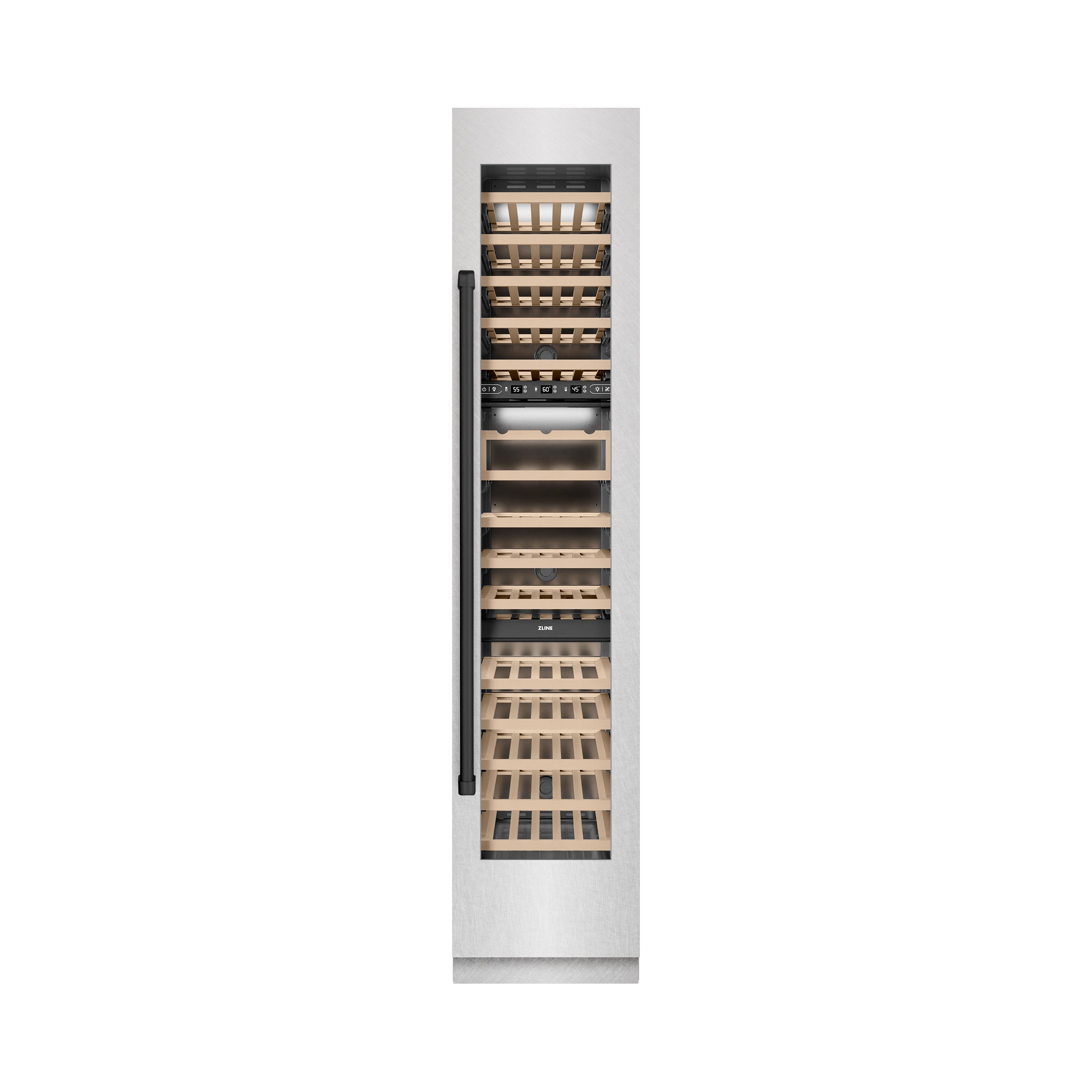 ZLINE Autograph 18" 9.0 cu. ft. Triple Zone 68 Bottle Right Hinge Column Wine Cooler in Satin Stainless Steel with Matte Black Accents, RCWVRZ-SN-18-MB