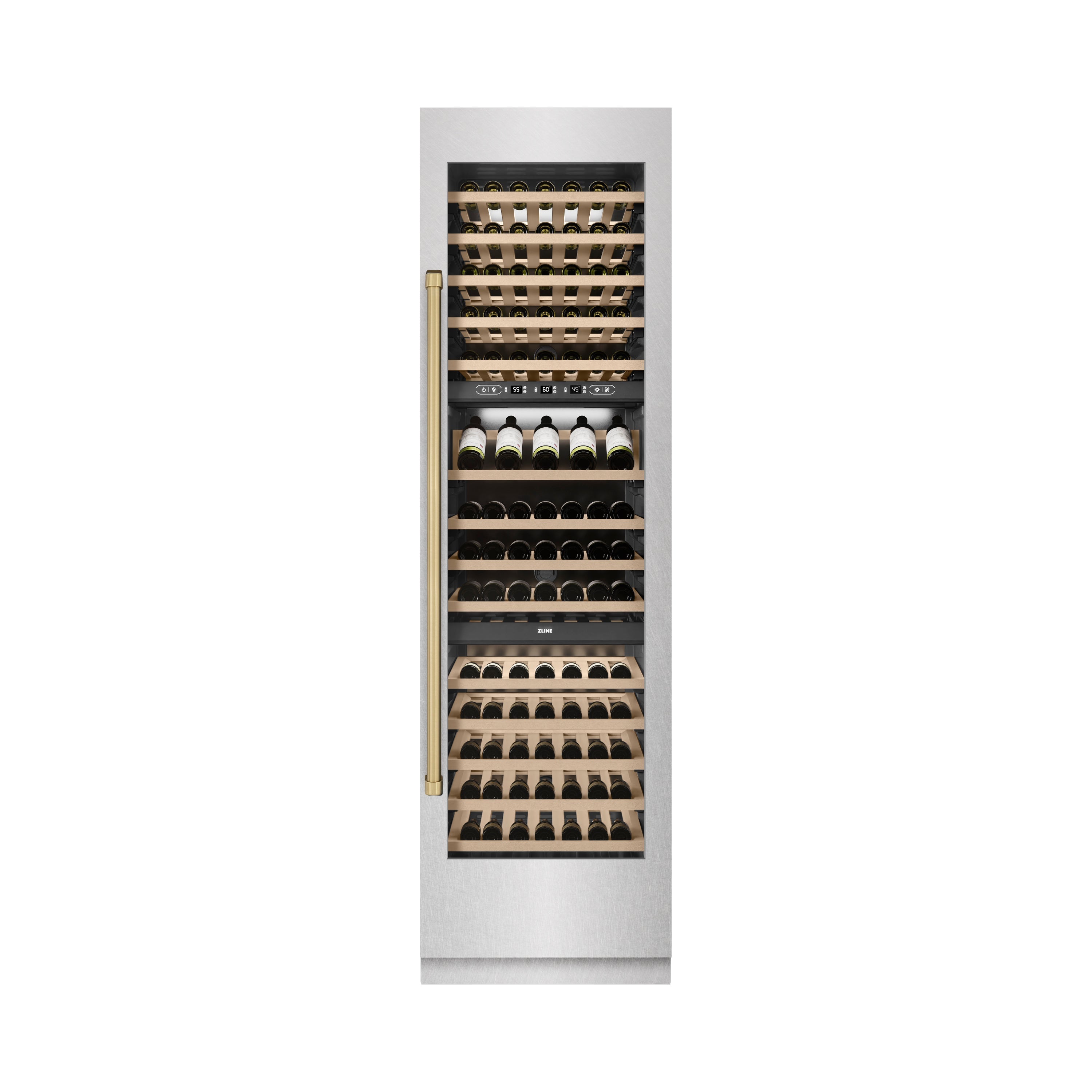 ZLINE Autograph 24" 12.4 cu. ft. Triple Zone 100 Bottle Column Wine Cooler in Satin Stainless Steel and Champagne Bronze Accents, RCWVZ-SN-24-CB