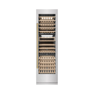 ZLINE Autograph 24" 12.4 cu. ft. Triple Zone 100 Bottle Column Wine Cooler in Satin Stainless Steel and Champagne Bronze Accents, RCWVZ-SN-24-CB
